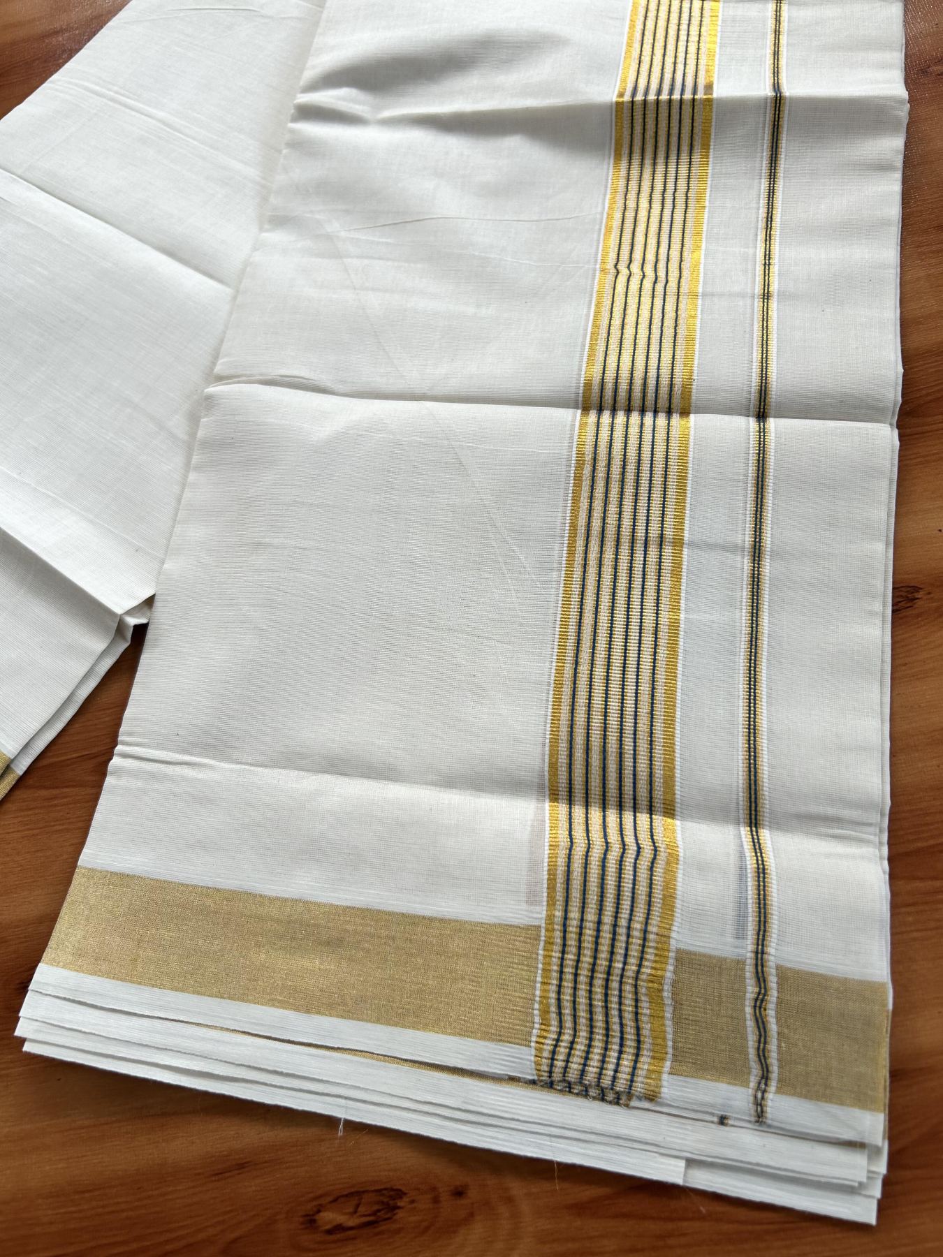 Double Off White (Unbleached) Mundu/Dothi- 20% Discount! Kaitharikada Pure Cotton - 100x100 - 1.5 inch Gold Kasav & Peacock Blue Striped Kara 4 mtr (8.5 muzham) - 6 KK5460 PMC