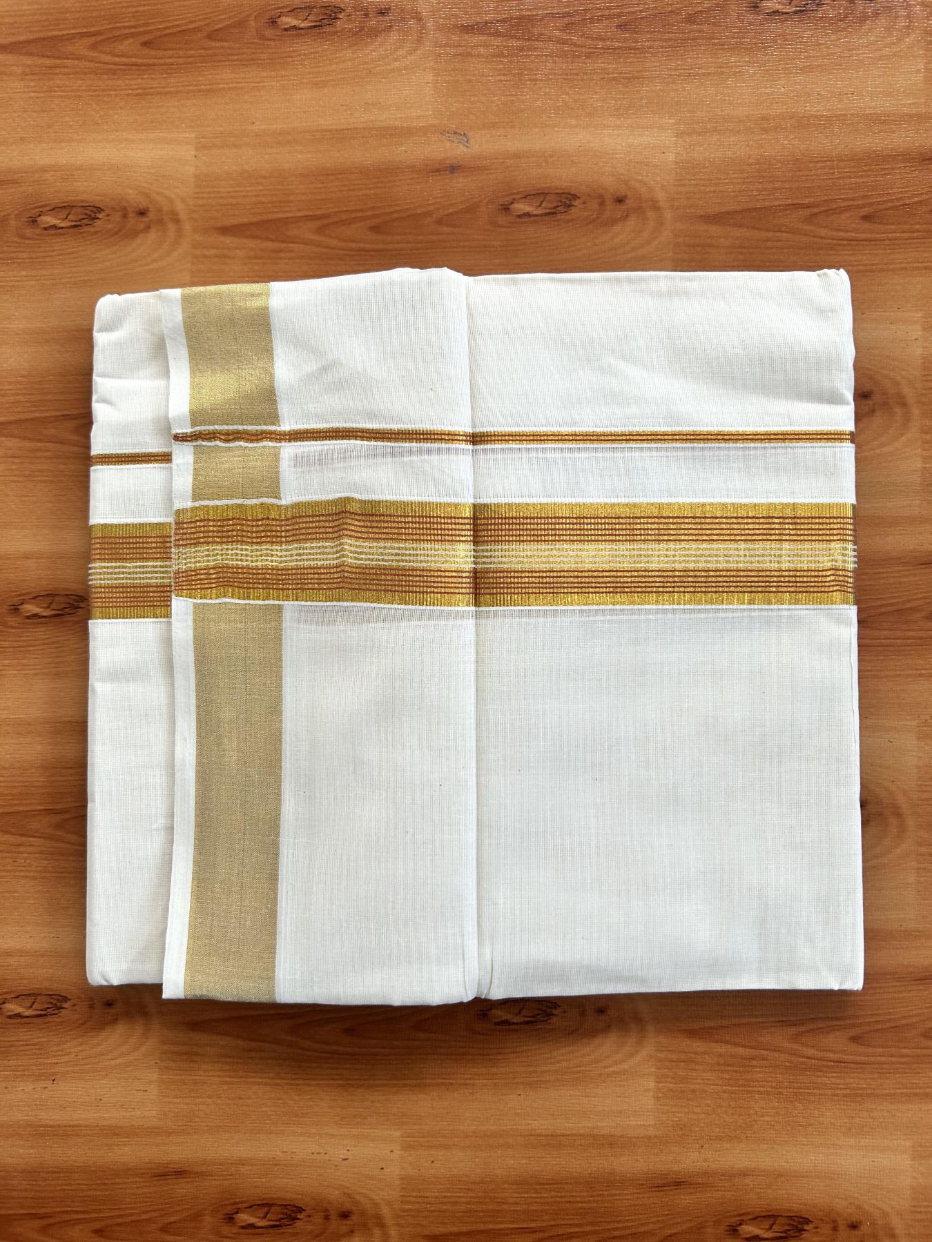 Double Off White (Unbleached) Mundu/Dothi- 20% Discount! Kaitharikada Pure Cotton - 100x100 - 1.5 inch Gold Kasav & Wine Purple Striped Kara 4 mtr (8.5 muzham) - 4 KK5460 PMC