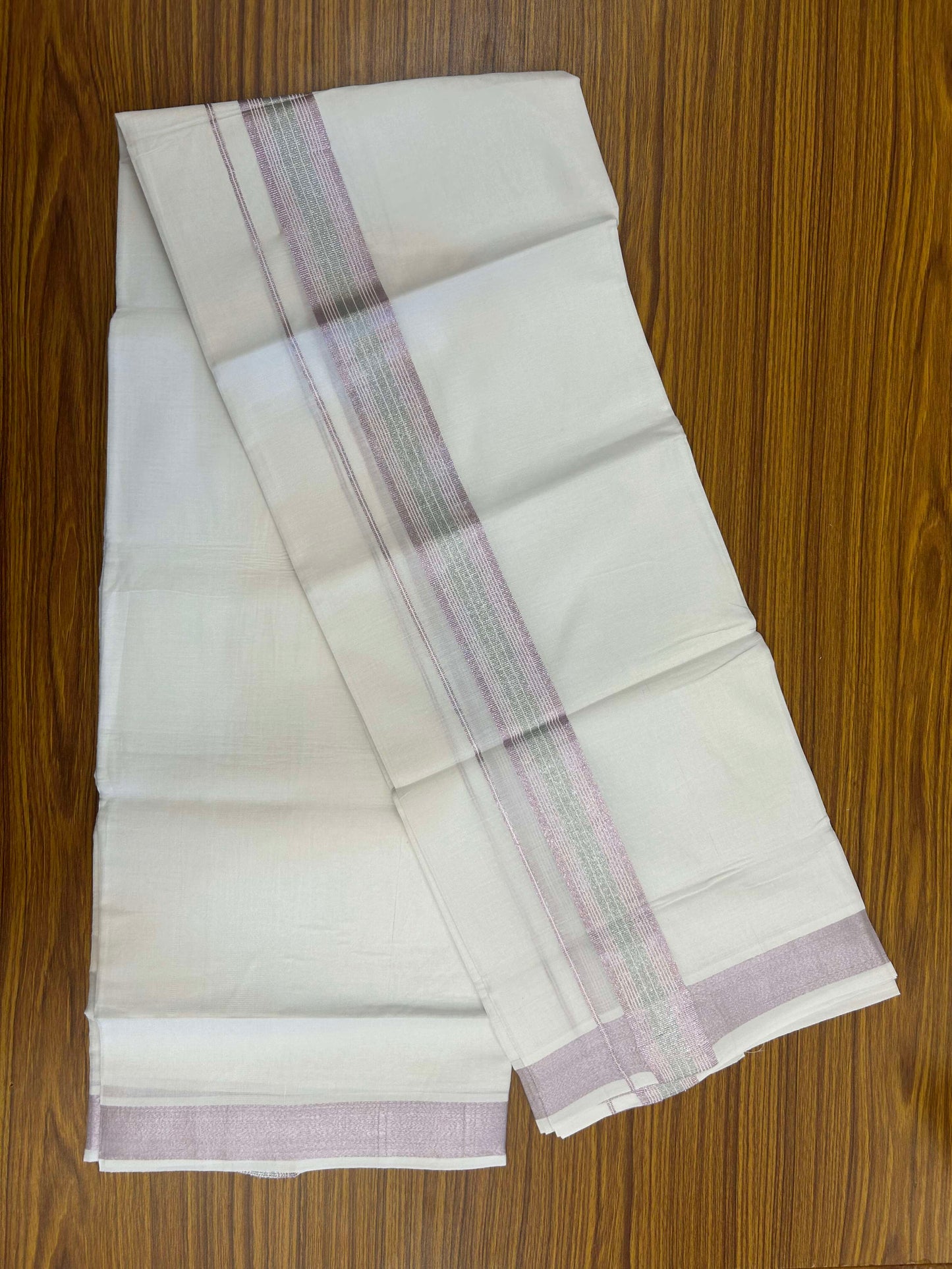 20% Discount ! Kaitharikada Balaramapuram 100% Cotton Pure White Double Mundu/Dothi - 100x80 - 1.5 inch Rose Pink Kasav Striped Kara 3.90 m (8 muzham) - 20 KK5301CKS