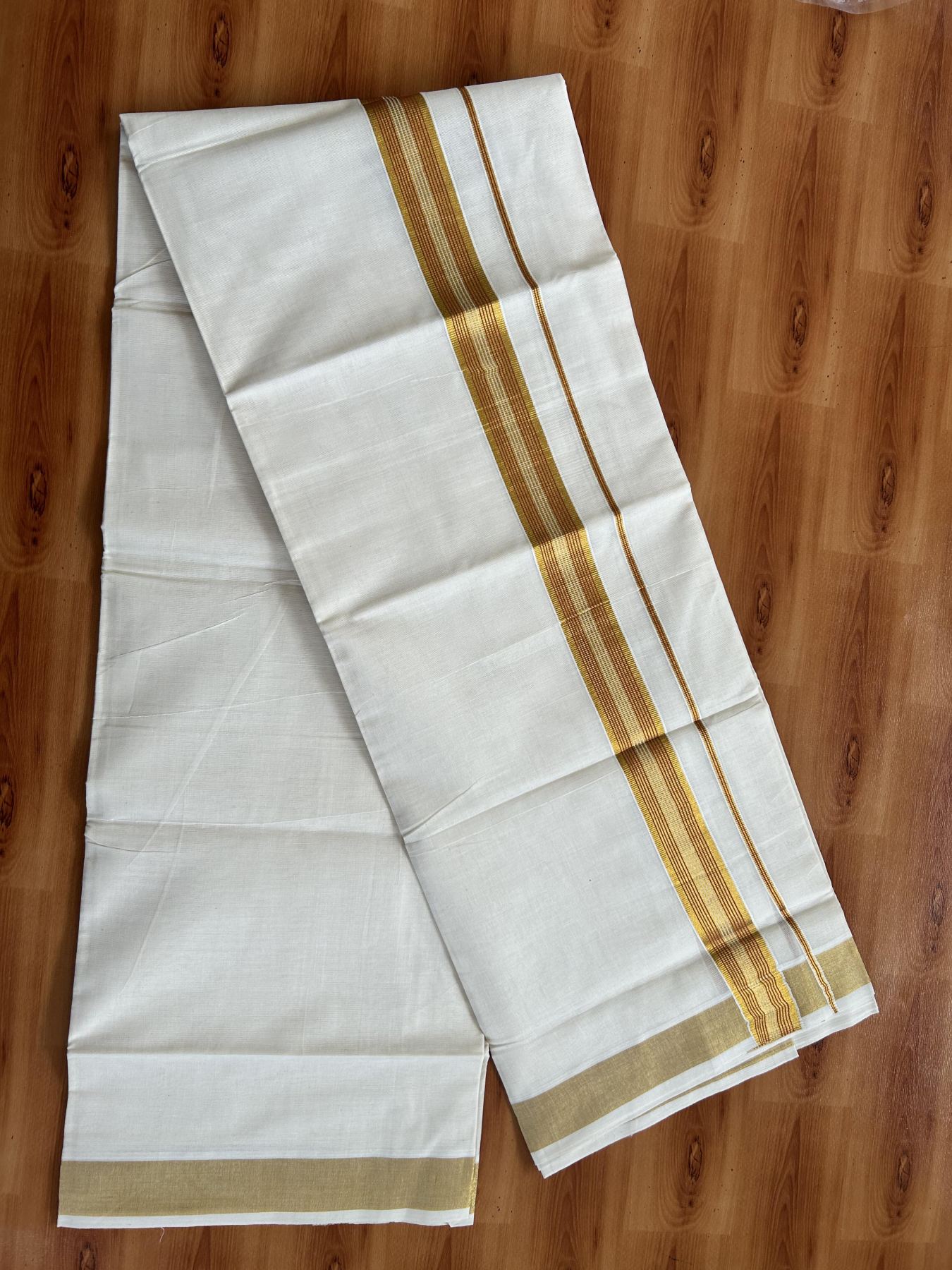 Double Off White (Unbleached) Mundu/Dothi- 20% Discount! Kaitharikada Pure Cotton - 100x100 - 1.5 inch Gold Kasav & Wine Purple Striped Kara 4 mtr (8.5 muzham) - 4 KK5460 PMC