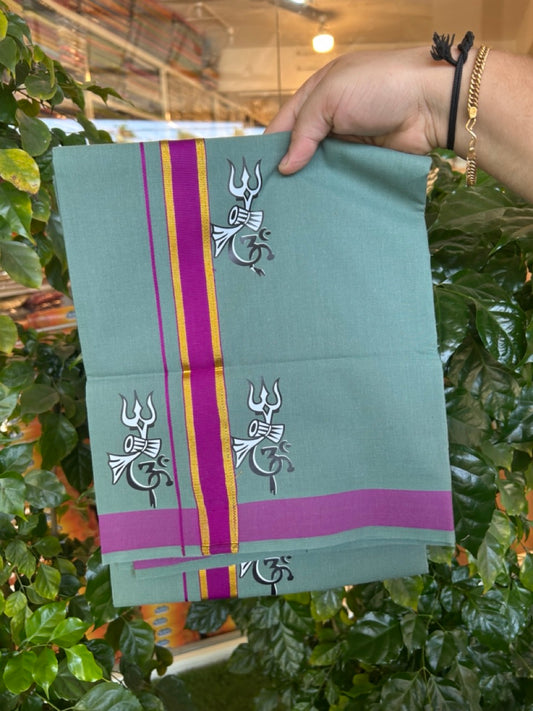 33% Discount ! Kaitharikada Pure Cotton - Single Kaily / Lungi -(40s)- 1.25 inch Purple & Kasavu  Trishul Design kara with Green Shaded colour body  (2 meter / 4 muzham) - 7 KK8033 GAN