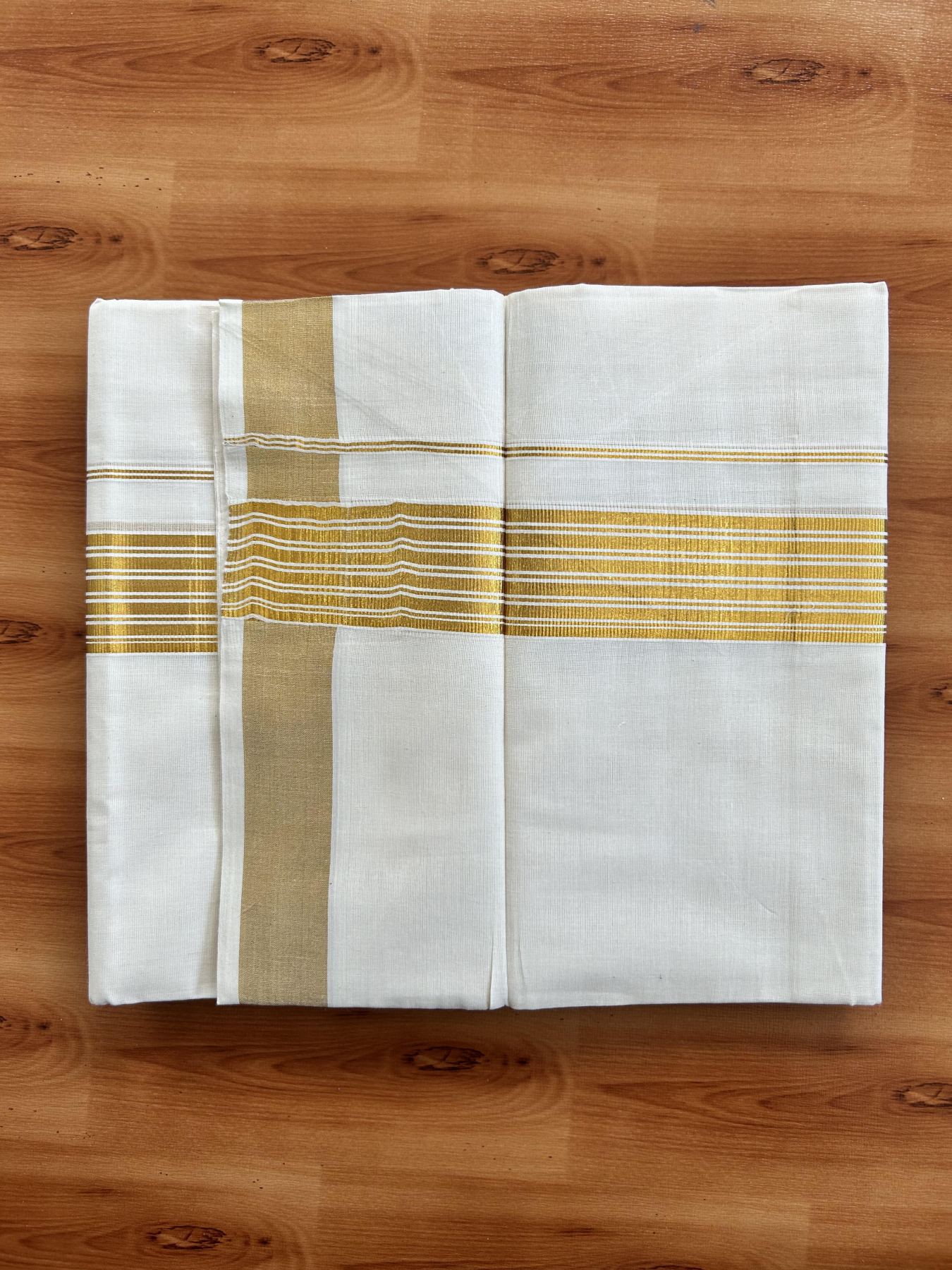 Double Off White (Unbleached) Mundu/Dothi- 20% Discount! Kaitharikada Pure Cotton - 100x100 - 1.5 inch Gold Kasav Striped Kara 4 mtr (8.5 muzham) - 9 KK5460 PMC
