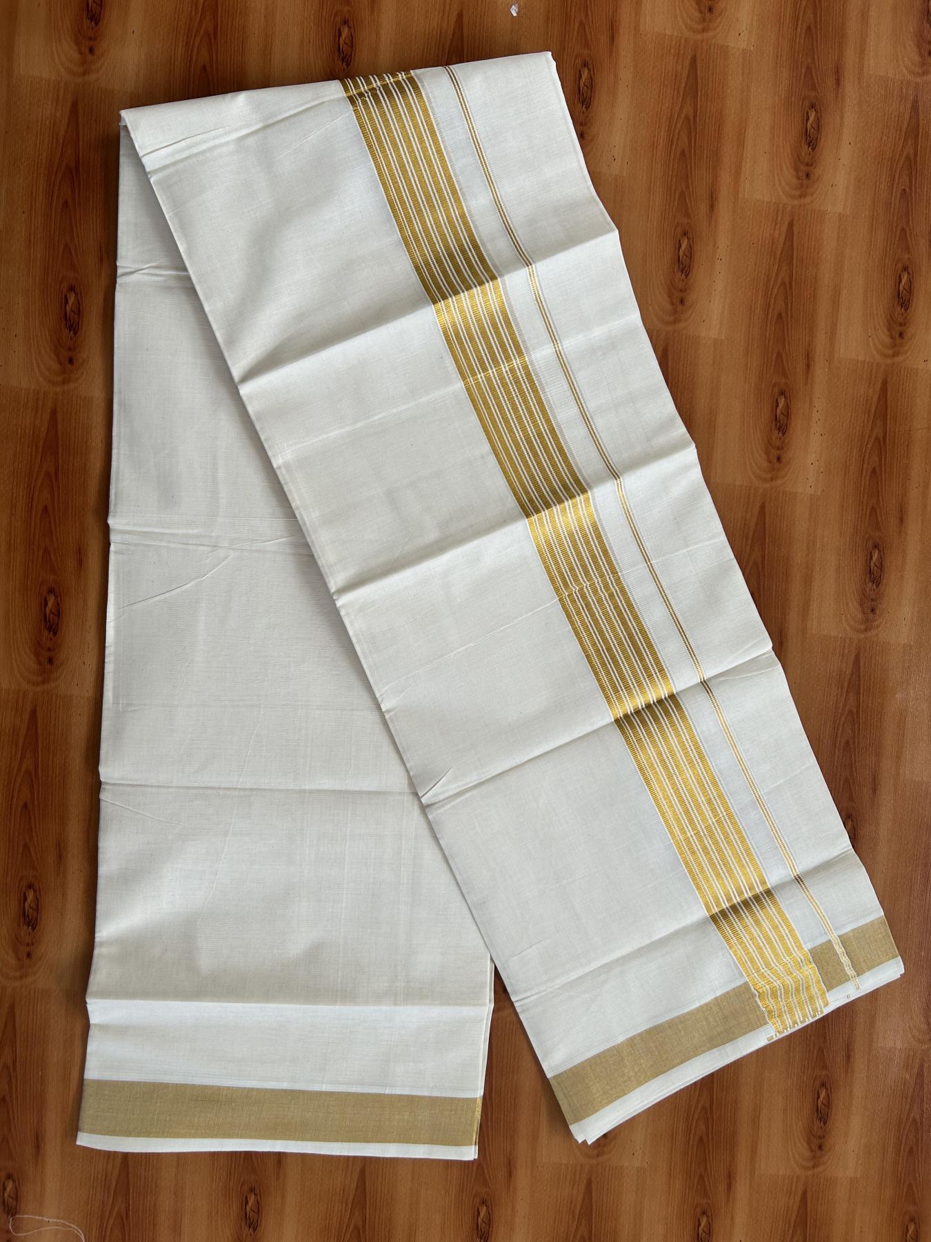 Double Off White (Unbleached) Mundu/Dothi- 20% Discount! Kaitharikada Pure Cotton - 100x100 - 1.5 inch Gold Kasav Striped Kara 4 mtr (8.5 muzham) - 9 KK5460 PMC