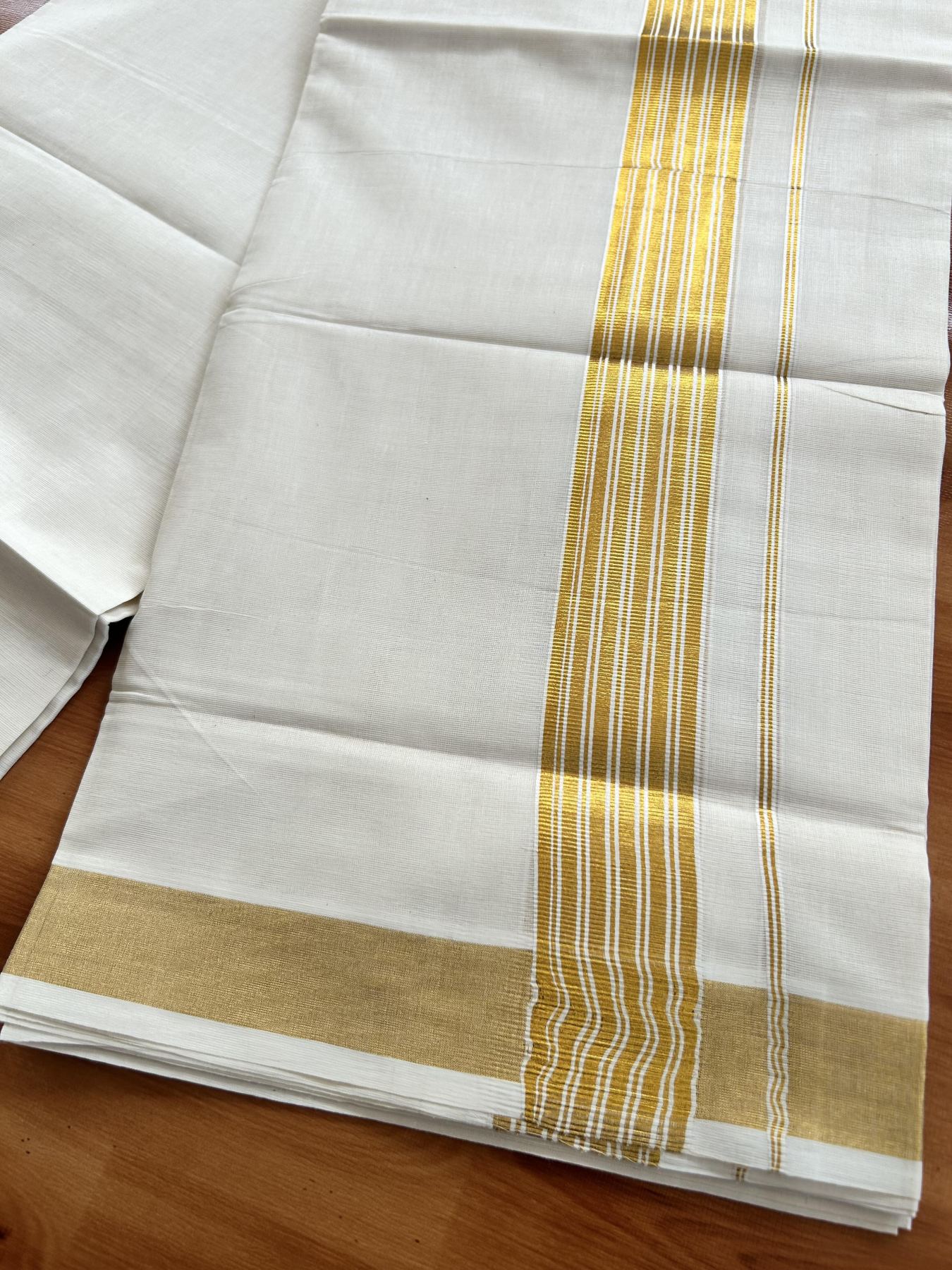 Double Off White (Unbleached) Mundu/Dothi- 20% Discount! Kaitharikada Pure Cotton - 100x100 - 1.5 inch Gold Kasav Striped Kara 4 mtr (8.5 muzham) - 9 KK5460 PMC