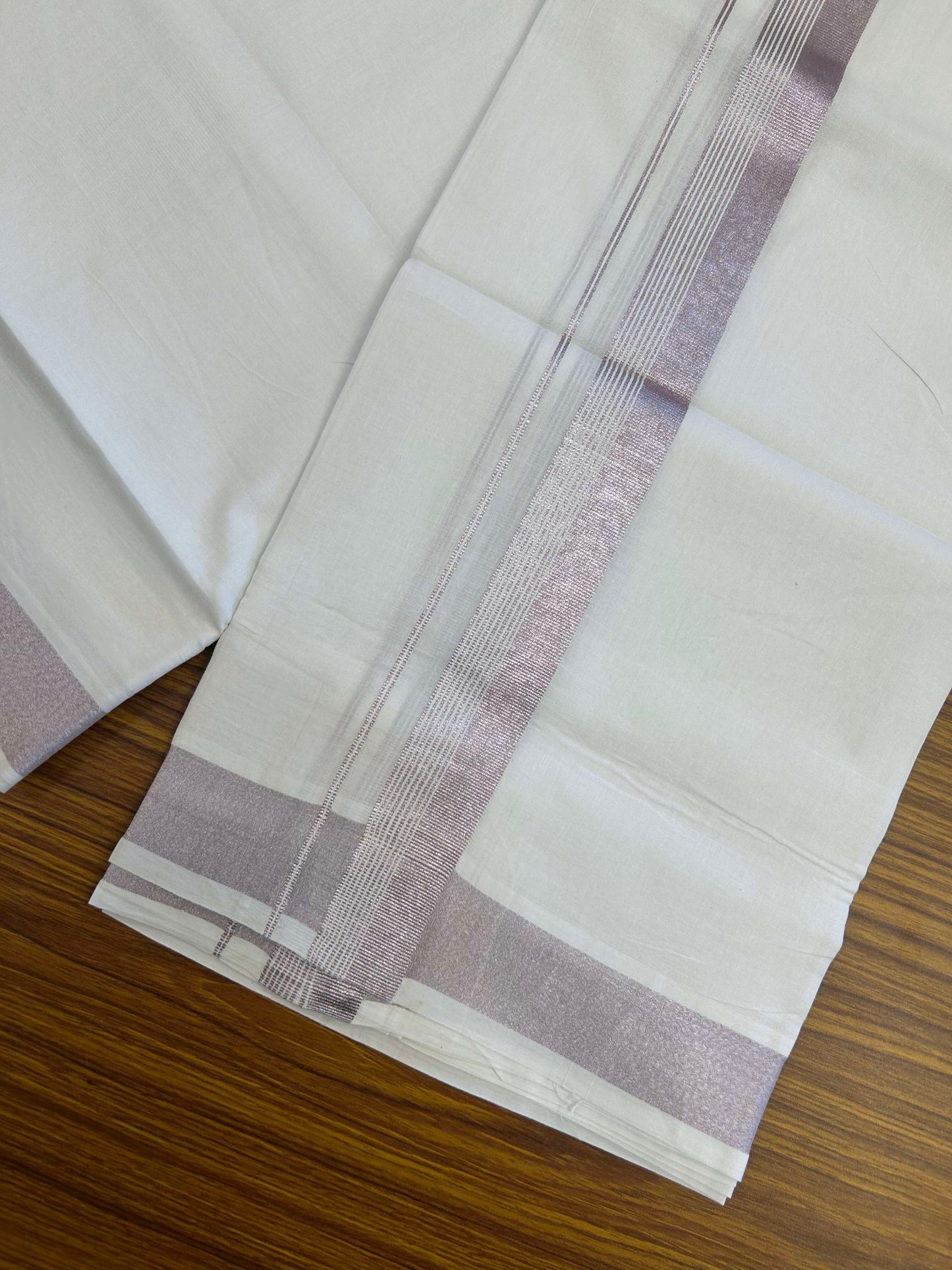 20% Discount ! Kaitharikada Balaramapuram 100% Cotton Pure White Double Mundu/Dothi - 100x80 - 1.25 inch Rose Pink Kasav Side Striped Kara 3.90 m (8 muzham) - 19 KK5301CKS