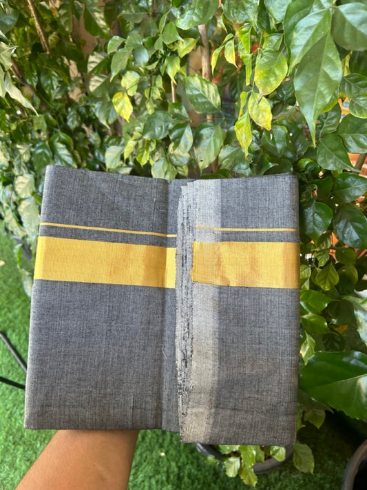 25% Discount! KaithariKada HANDLOOM  UNAKKUPAAV Balaramapuram - 100% PURE Cotton OFF White - (Unbleached) Double Mundu/Dothi - 120(Twisted) x 80 - Black Shaded Colour Body - 1.75 inch Gold Kasavu Kara - 1 KK8033 REA
