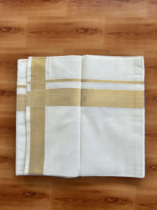 Double Off White (Unbleached) Mundu/Dothi- 20% Discount! Kaitharikada Pure Cotton - 100x100 - 1.5 inch Gold Kasav Striped Kara 4 mtr (8.5 muzham) - 8 KK5460 PMC