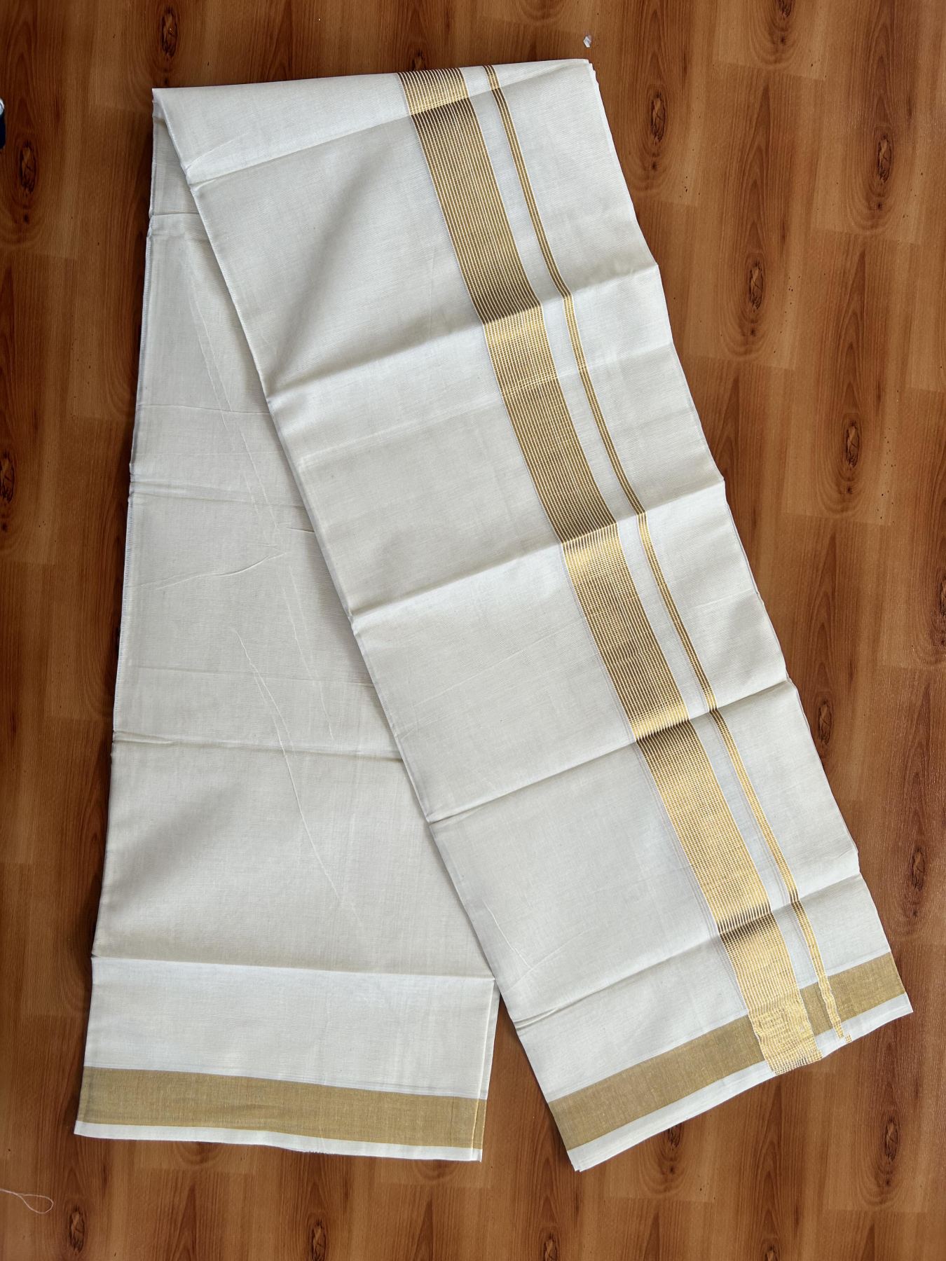 Double Off White (Unbleached) Mundu/Dothi- 20% Discount! Kaitharikada Pure Cotton - 100x100 - 1.5 inch Gold Kasav Striped Kara 4 mtr (8.5 muzham) - 8 KK5460 PMC