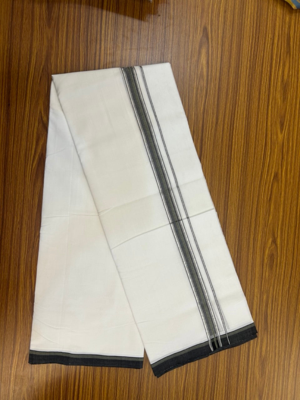 25% Discount!! NEW ULTRA PURE WHITE HANDLOOM Balaramapuram - 100% MERCERISED Cotton Double Mundu/Dhoti - 120 twisted warp x 80s weft - Green Black Silver Kasav Kara- 1 KK5270 REA