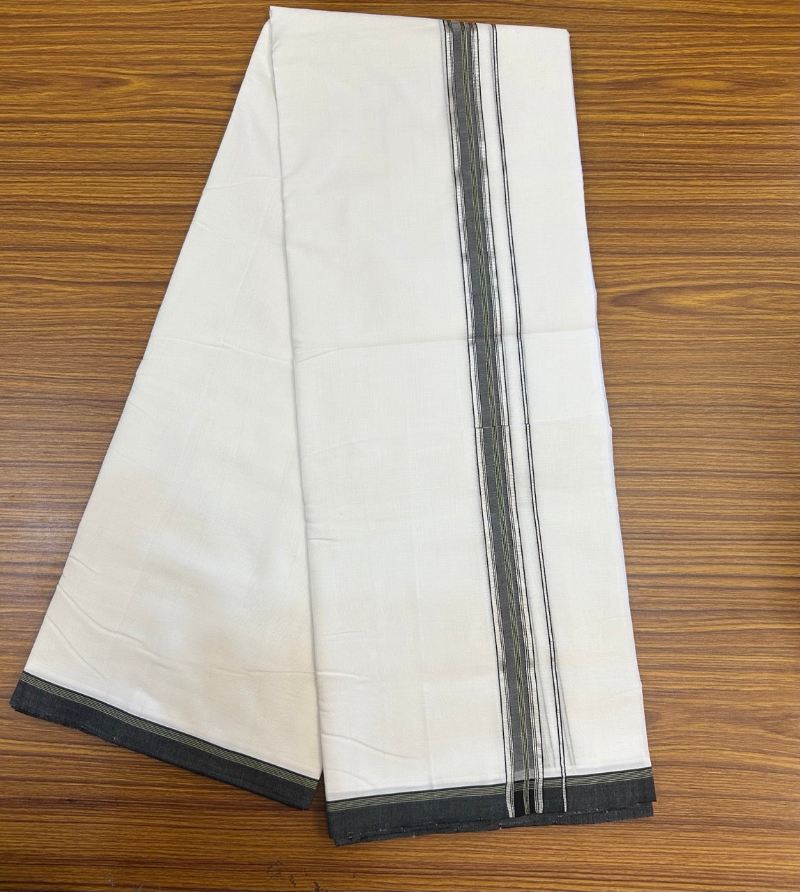 25% Discount!! NEW ULTRA PURE WHITE HANDLOOM Balaramapuram - 100% MERCERISED Cotton Double Mundu/Dhoti - 120 twisted warp x 80s weft - Green Black Silver Kasav Kara- 1 KK5270 REA