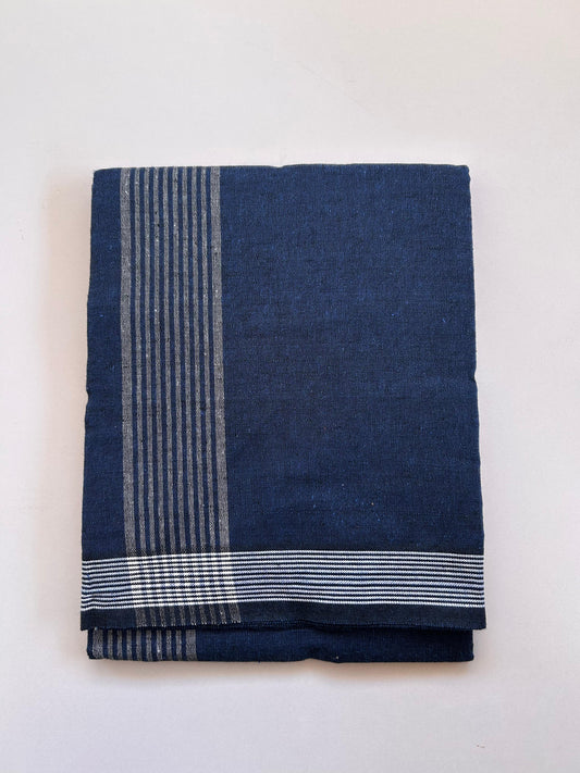 Kaitharikada - Single Kaily / Lungi - Mixed Cotton - (2/40s) twisted - 2.5 inch White Striped kara with Navy Blue & Black Shaded colour body (2 meter / 4 muzham) - 3 KK8089 SAT