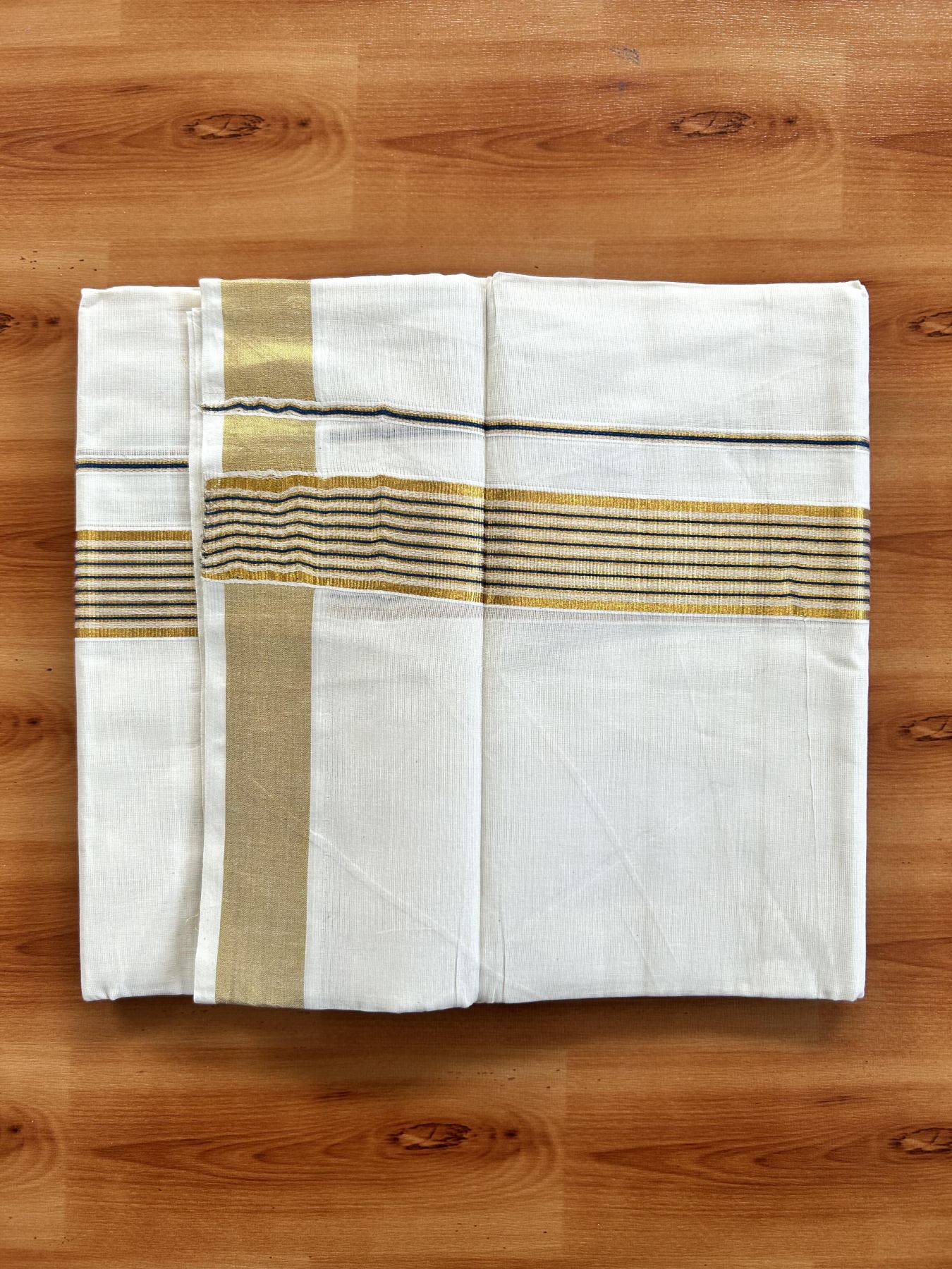 Double Off White (Unbleached) Mundu/Dothi- 20% Discount! Kaitharikada Pure Cotton - 100x100 - 1.5 inch Gold Kasav & Peacock Blue Striped Kara 4 mtr (8.5 muzham) - 5 KK5460 PMC