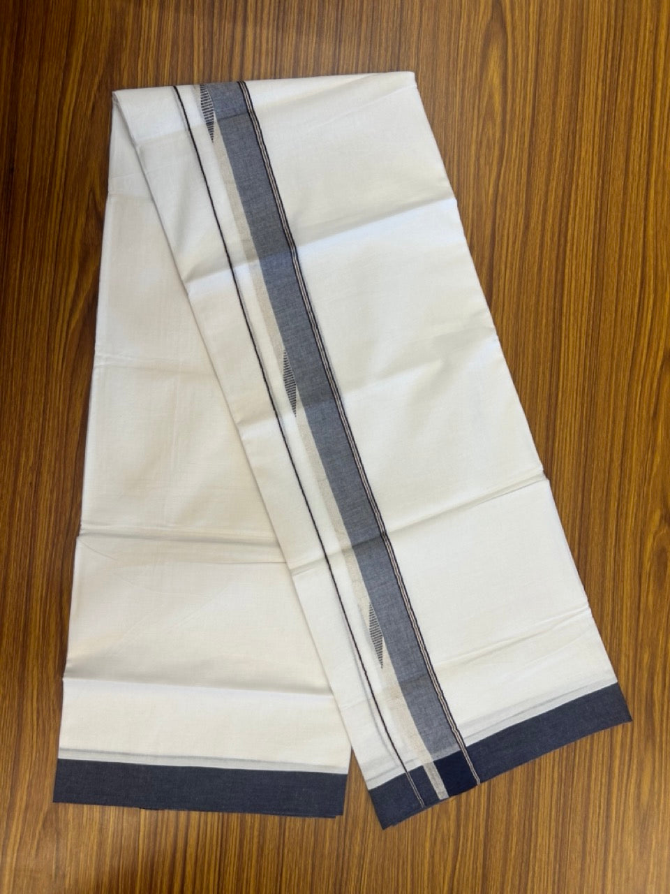20% Discount ! Kaitharikada Balaramapuram 100% Cotton Pure White Double Mundu/Dothi - 100x80 - 1.75 inch Navy Blue & Silver Kasav Design Kara 4 mtr (8.5 muzham) -2 kk5270 VAS