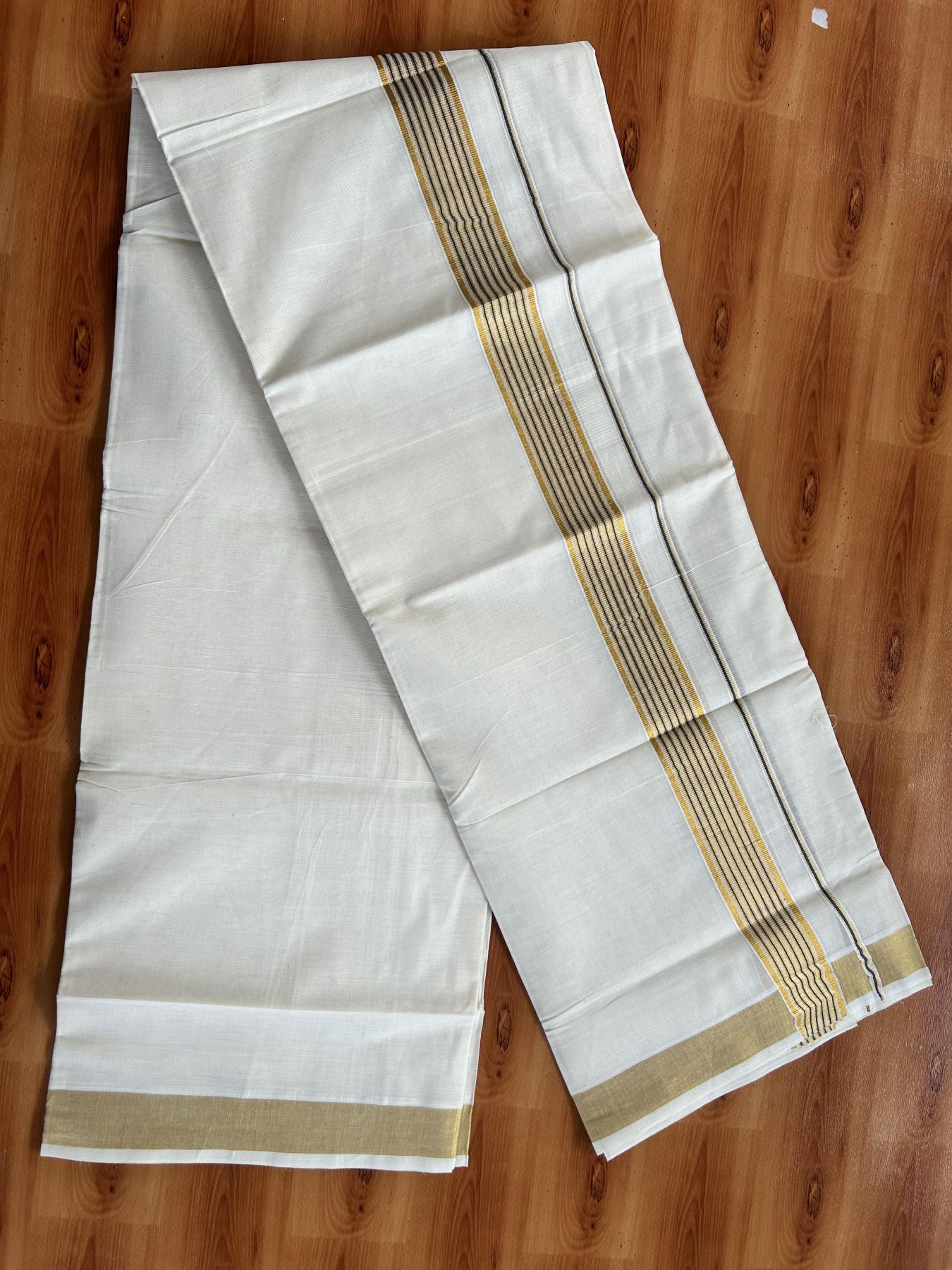 Double Off White (Unbleached) Mundu/Dothi- 20% Discount! Kaitharikada Pure Cotton - 100x100 - 1.5 inch Gold Kasav & Peacock Blue Striped Kara 4 mtr (8.5 muzham) - 5 KK5460 PMC