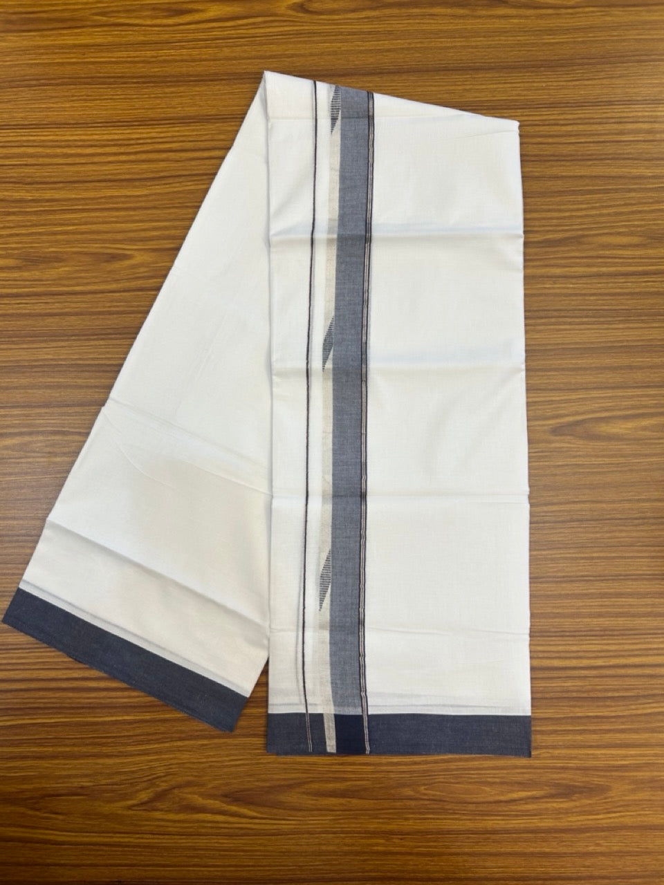 20% Discount ! Kaitharikada Balaramapuram 100% Cotton Pure White Double Mundu/Dothi - 100x80 - 1.75 inch Navy Blue & Silver Kasav Design Kara 4 mtr (8.5 muzham) -2 kk5270 VAS