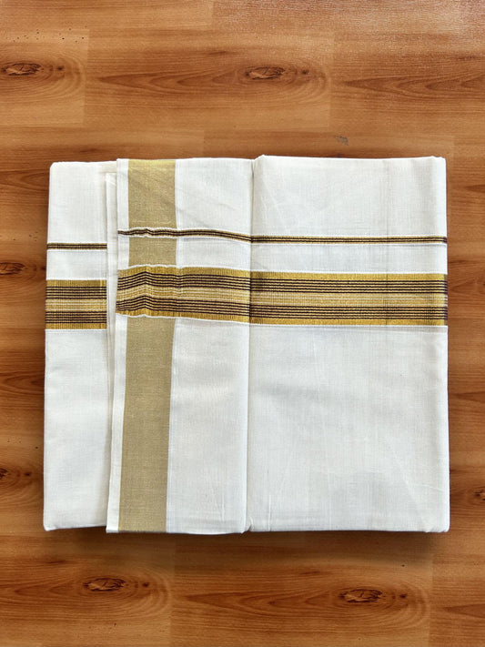 Double Off White (Unbleached) Mundu/Dothi- 20% Discount! Kaitharikada Pure Cotton - 100x100 - 1.5 inch Gold Kasav & Wine Purple Striped Kara 4 mtr (8.5 muzham) - 3 KK5460 PMC