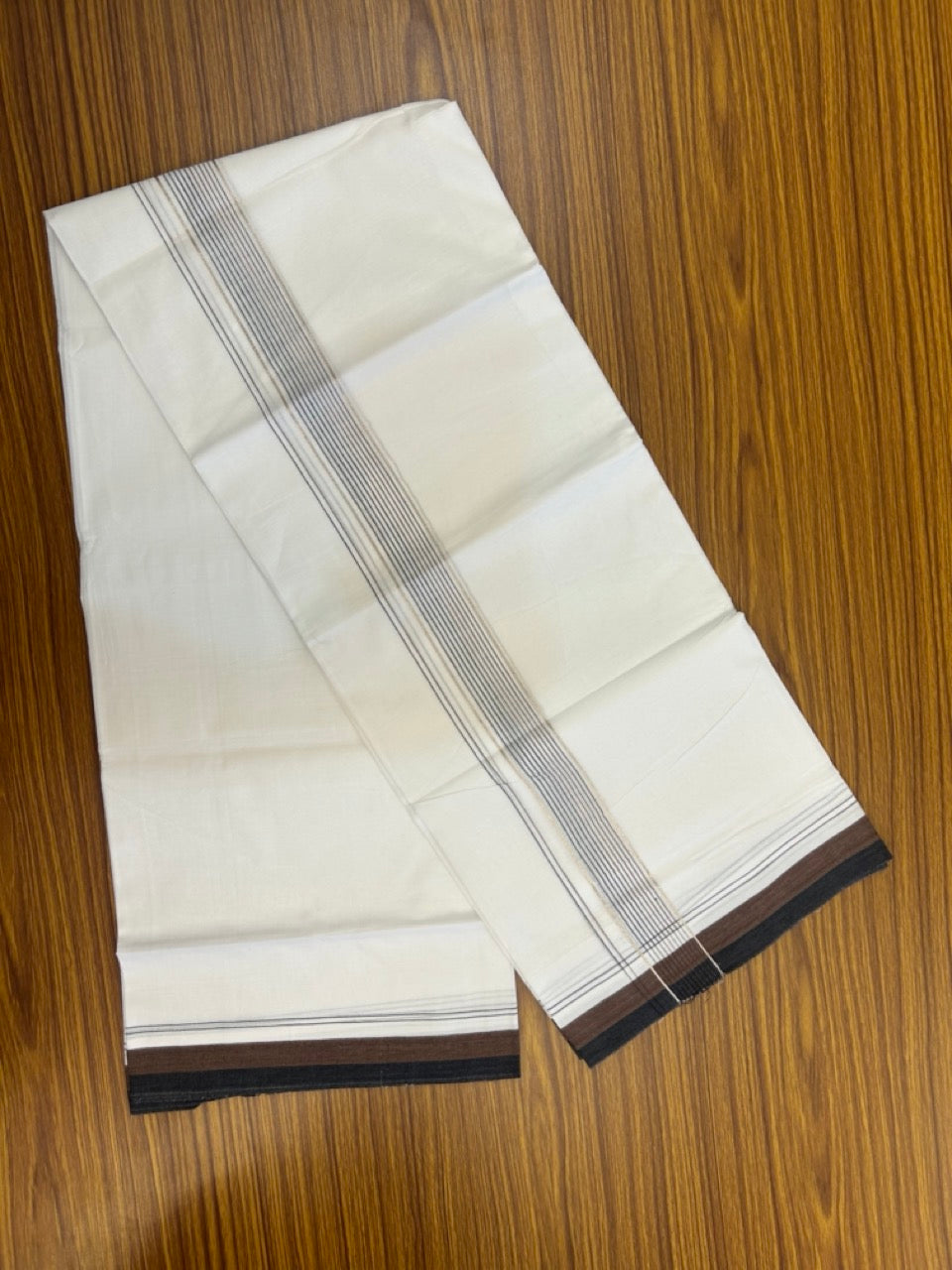 20% Discount ! Kaitharikada Balaramapuram 100% Cotton Pure White Double Mundu/Dothi - 100x80 - 1.5 inch Silver Kasav Black & Brown Stripes Kara 4 mtr (8.5 muzham) - 3 KK5270 VAS