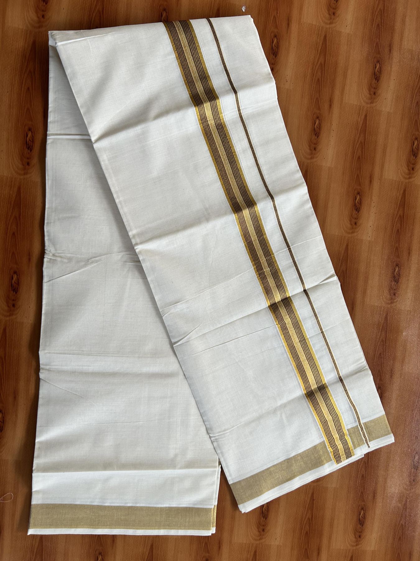 Double Off White (Unbleached) Mundu/Dothi- 20% Discount! Kaitharikada Pure Cotton - 100x100 - 1.5 inch Gold Kasav & Wine Purple Striped Kara 4 mtr (8.5 muzham) - 3 KK5460 PMC
