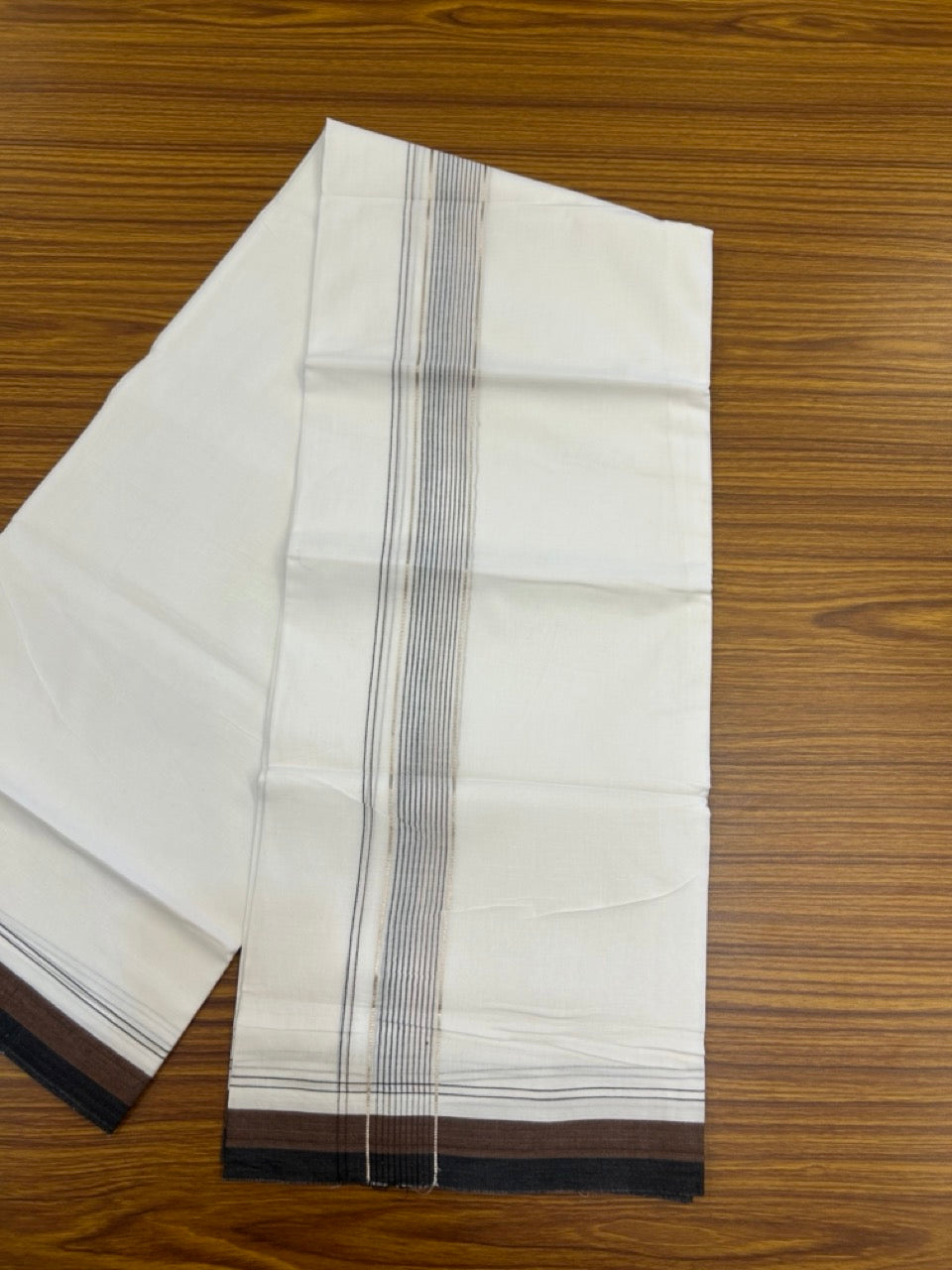 20% Discount ! Kaitharikada Balaramapuram 100% Cotton Pure White Double Mundu/Dothi - 100x80 - 1.5 inch Silver Kasav Black & Brown Stripes Kara 4 mtr (8.5 muzham) - 3 KK5270 VAS