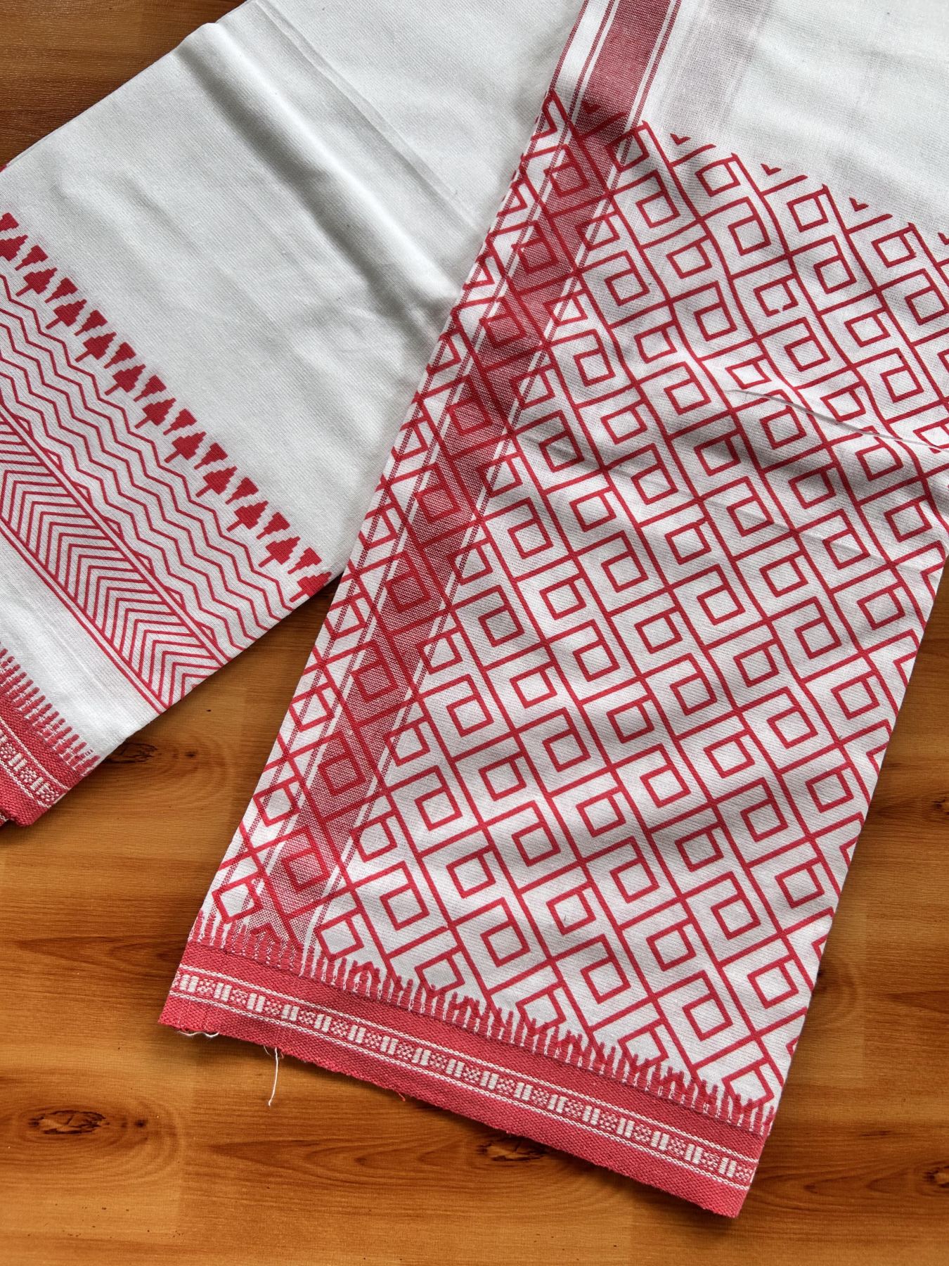 Kaitharikada - Single Kaily / Lungi - Mixed Cotton - 40s twisted - 1.25 inch Dark Pink Printed Design kara with Kuppadam Border  White colour body (2 meter / 4 muzham) - 4 KK8058 GAN