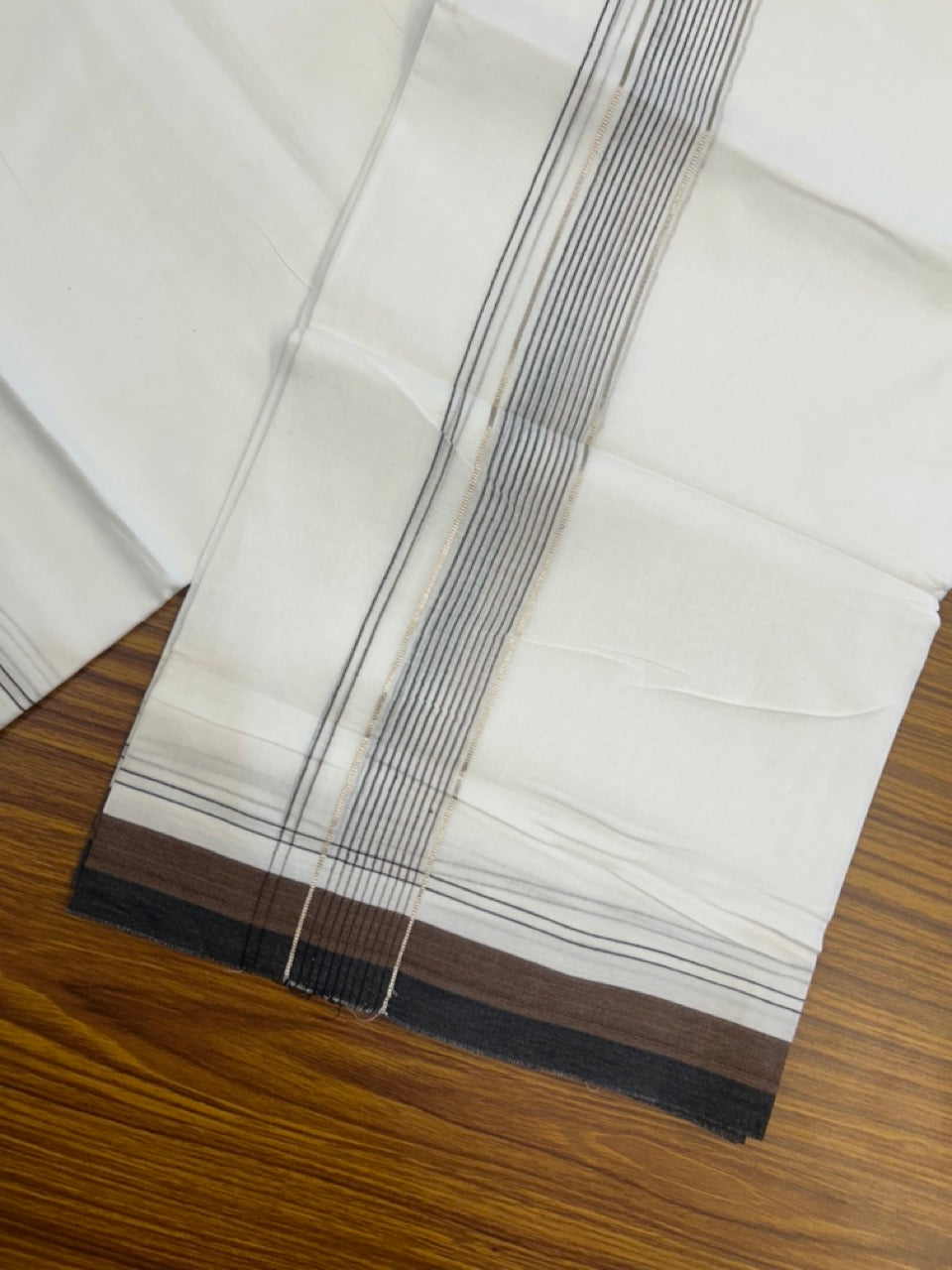 20% Discount ! Kaitharikada Balaramapuram 100% Cotton Pure White Double Mundu/Dothi - 100x80 - 1.5 inch Silver Kasav Black & Brown Stripes Kara 4 mtr (8.5 muzham) - 3 KK5270 VAS