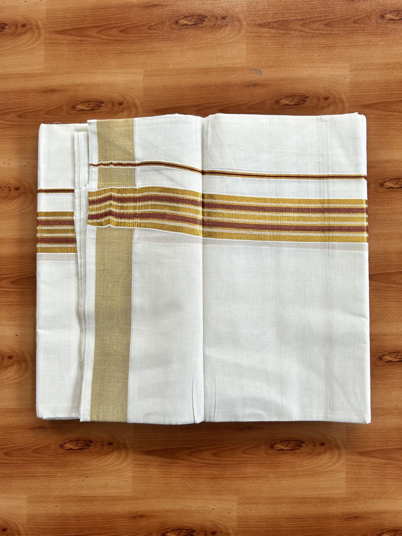 Double Off White (Unbleached) Mundu/Dothi- 20% Discount! Kaitharikada Pure Cotton - 100x100 - 1.5 inch Gold Kasav & Maroon Striped Kara 4 mtr (8.5 muzham) - 2 KK5460 PMC