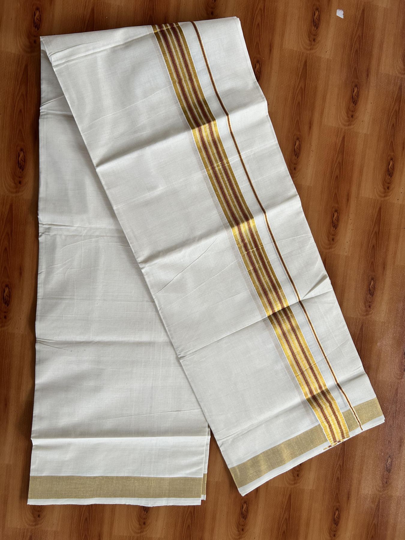 Double Off White (Unbleached) Mundu/Dothi- 20% Discount! Kaitharikada Pure Cotton - 100x100 - 1.5 inch Gold Kasav & Maroon Striped Kara 4 mtr (8.5 muzham) - 2 KK5460 PMC