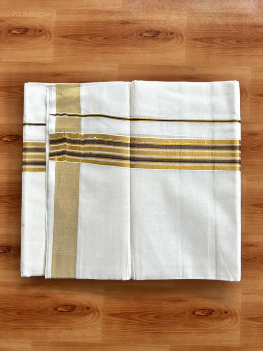 Double Off White (Unbleached) Mundu/Dothi- 20% Discount! Kaitharikada Pure Cotton - 100x100 - 1.5 inch Gold Kasav & Brown Striped Kara 4 mtr (8.5 muzham) - 1 KK5460 PMC