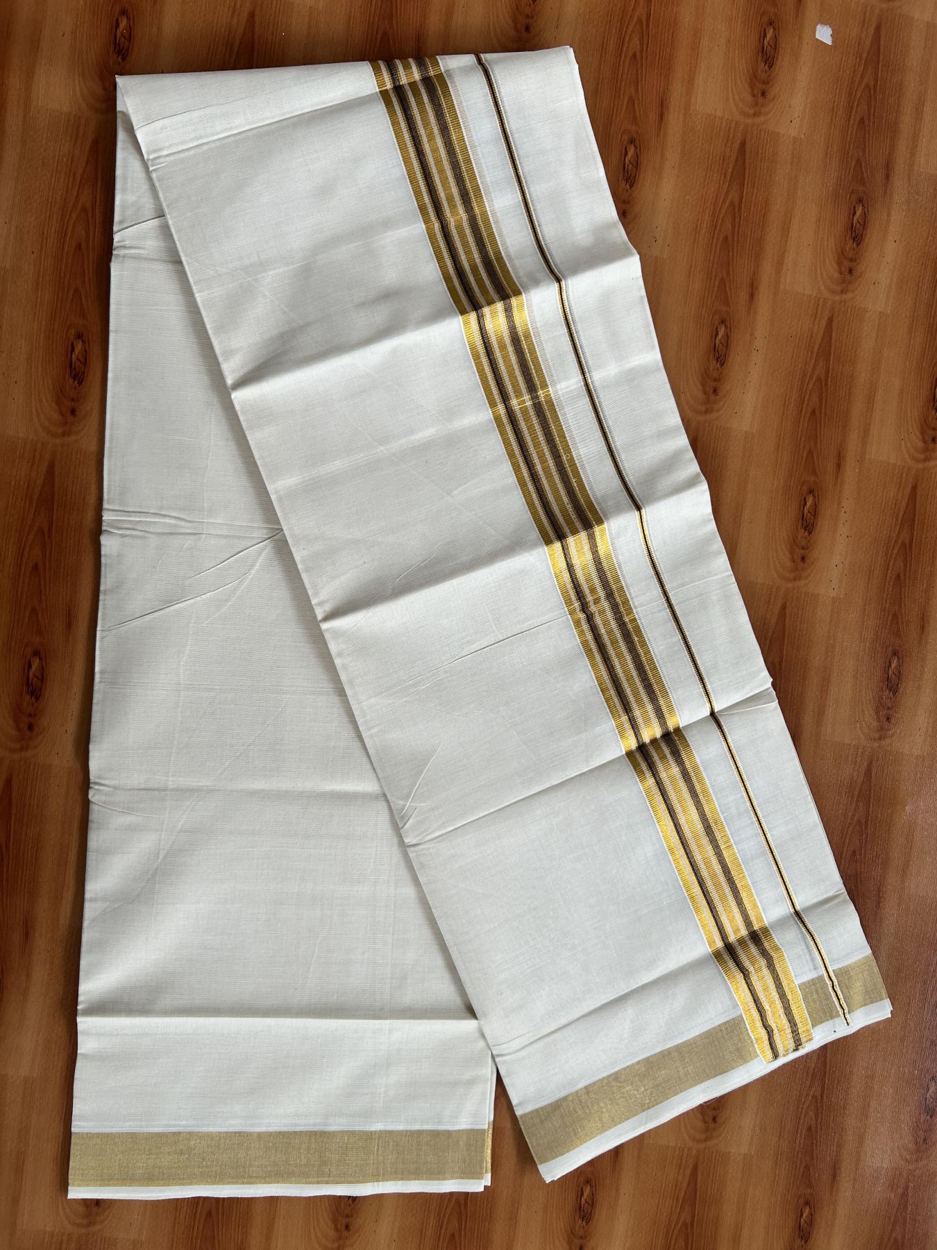 Double Off White (Unbleached) Mundu/Dothi- 20% Discount! Kaitharikada Pure Cotton - 100x100 - 1.5 inch Gold Kasav & Brown Striped Kara 4 mtr (8.5 muzham) - 1 KK5460 PMC