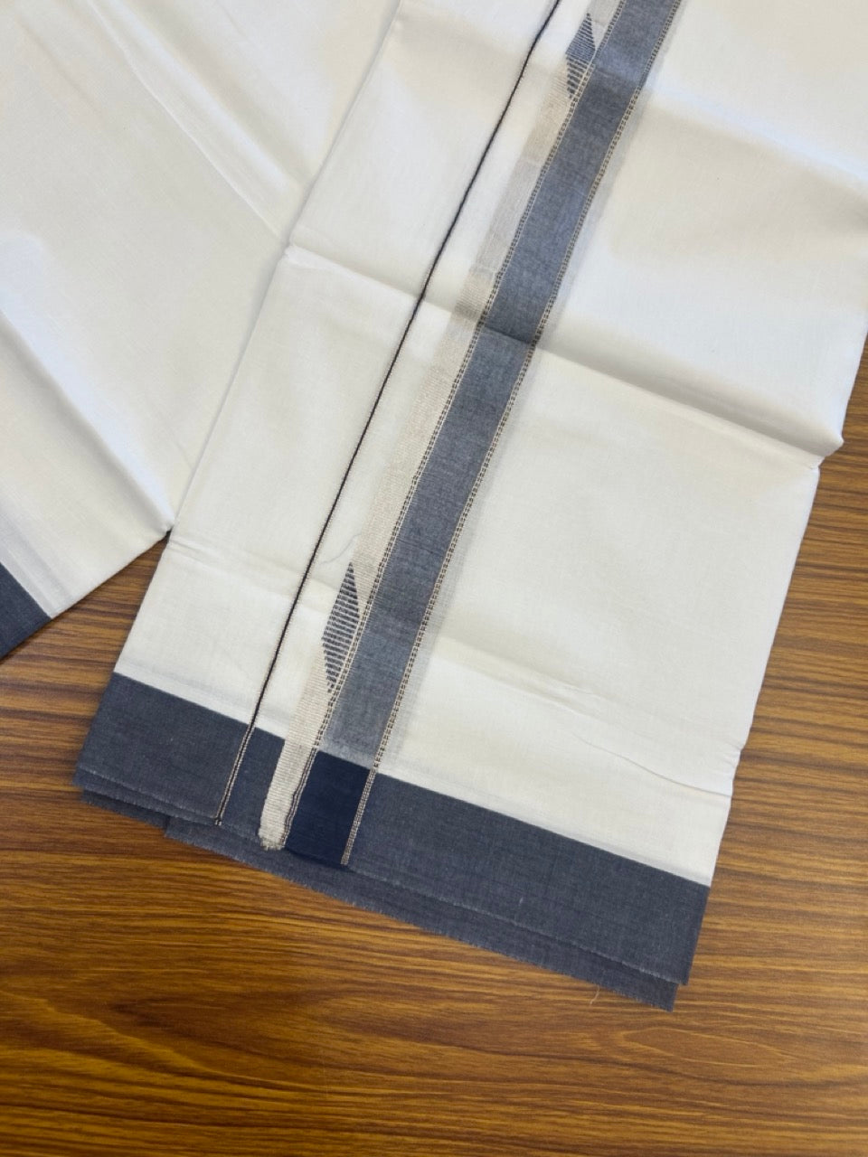 20% Discount ! Kaitharikada Balaramapuram 100% Cotton Pure White Double Mundu/Dothi - 100x80 - 1.5 inch Blue & Silver Kasav Design Kara 4 mtr (8.5 muzham) - 6 KK5270 VAS