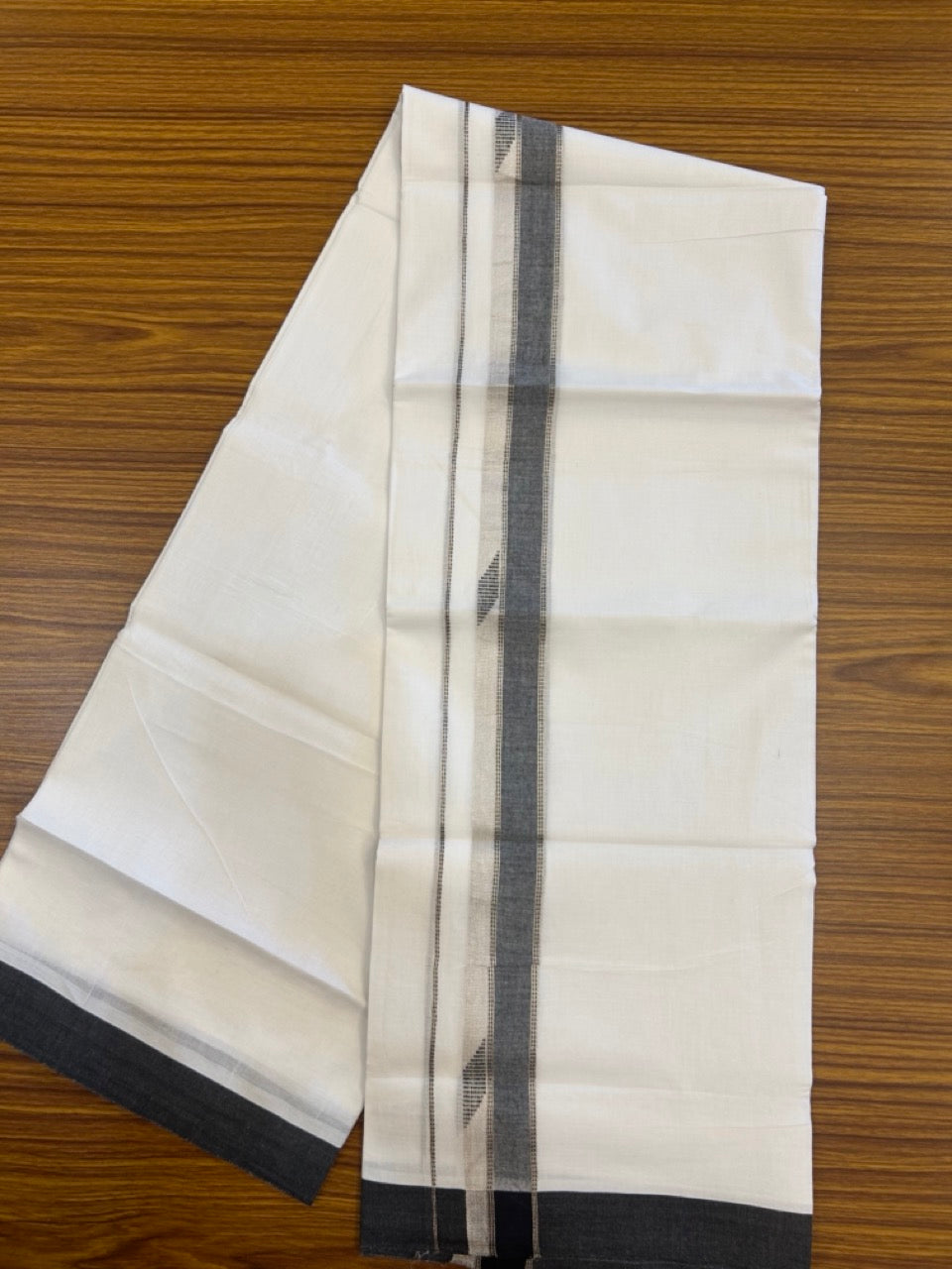20% Discount ! Kaitharikada Balaramapuram 100% Cotton Pure White Double Mundu/Dothi - 100x80 - 1.5 inch Black & Silver Kasav Design Kara 4 mtr (8.5 muzham) - 7 KK5270 VAS