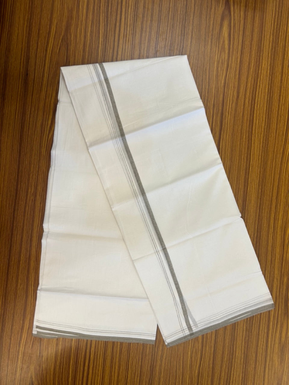 20% DISCOUNT!! NEW!! KaithariKada Balaramapuram 100% Cotton PURE WHITE Double Mundu/Dhoti - (100x80)s - 0.5 inch Olive Green Shaded - 9 KK5270 VIN