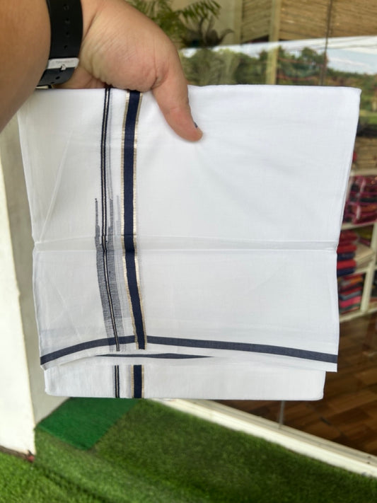 20% Discount !! Kaitharikada Balaramapuram 100% Cotton PURE WHITE Double Mundu/Dothi - 100x80 - 0.25 inch Silver Kasavu & Navy Blue Striped Chutty Kara - 55KK5191CKS