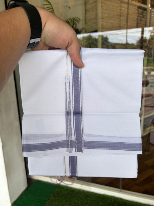 20% Discount !! Kaitharikada Balaramapuram 100% Cotton PURE WHITE Double Mundu/Dothi - 100x80 - 0.5 inch Silver Kasavu & Ash Blue Chutty Kara - 54KK5191CKS