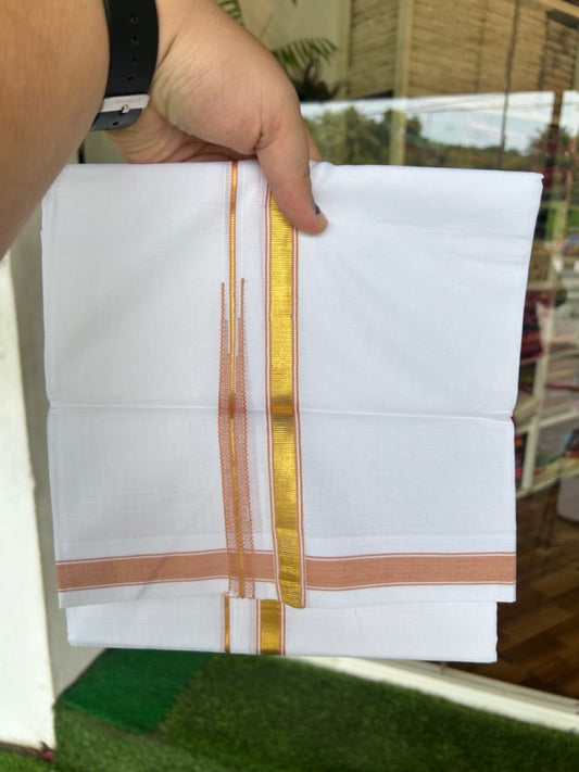 20% DISCOUNT!! KaithariKada Balaramapuram 100% Cotton PURE WHITE Double Mundu/Dhoti-100x80 - 0.5 inch Orange Brown Kasav Chutty Kara - 53KK5191CKS