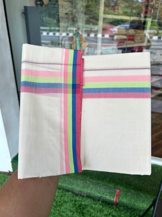 20% DISCOUNT ! KaithariKada Balaramapuram 100% Cotton off white (Unbleached) Double  Mundu/Dhoti - 100X80 - 1.75 inch Multi Colour kara - 2KK5193PMC