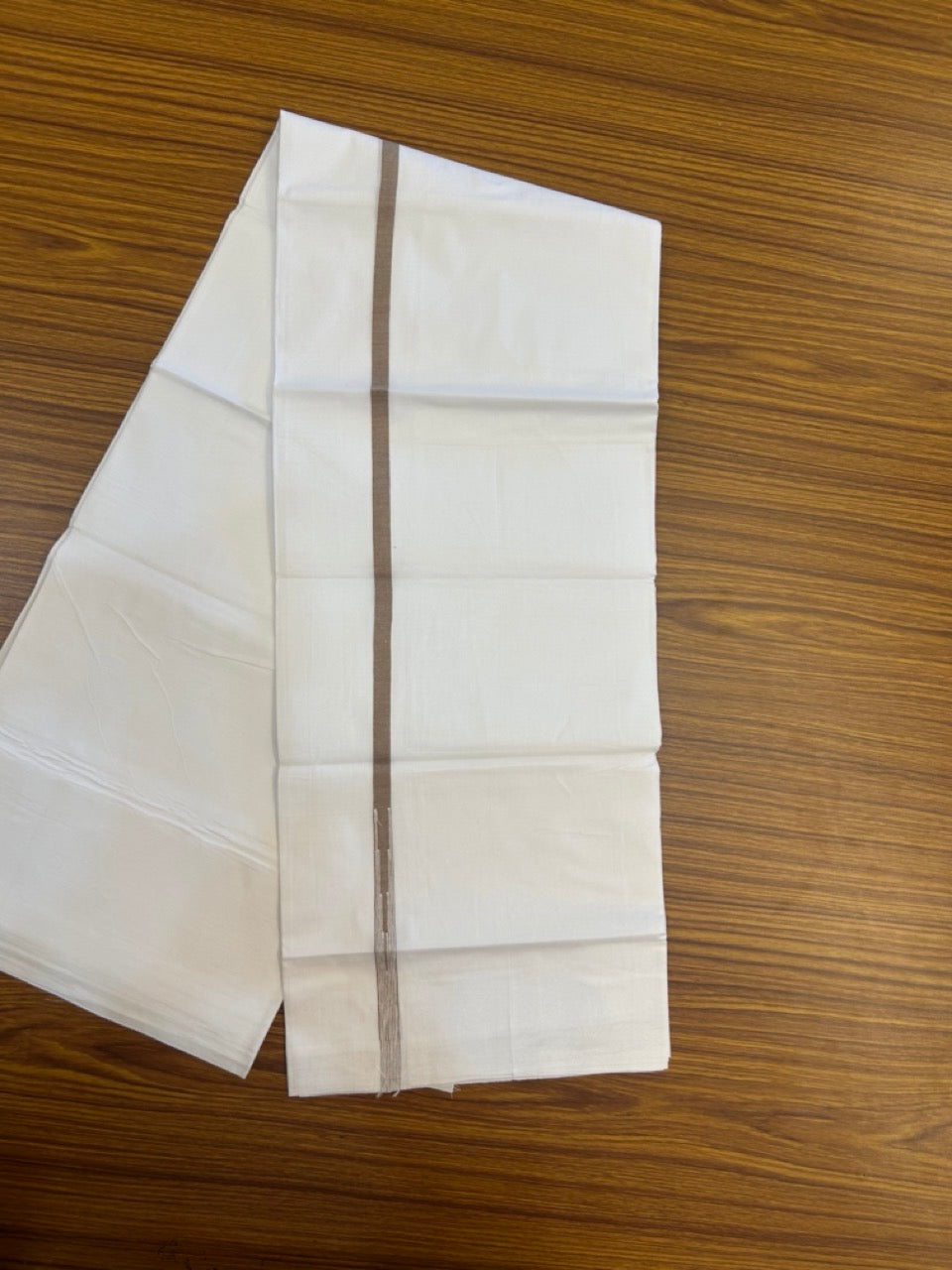 20% DISCOUNT!! NEW!! KaithariKada Balaramapuram 100% Cotton PURE WHITE Double Mundu/Dhoti - (100x80)s - 0.5 inch Brown Kara chutty - 10KK5270 VIN