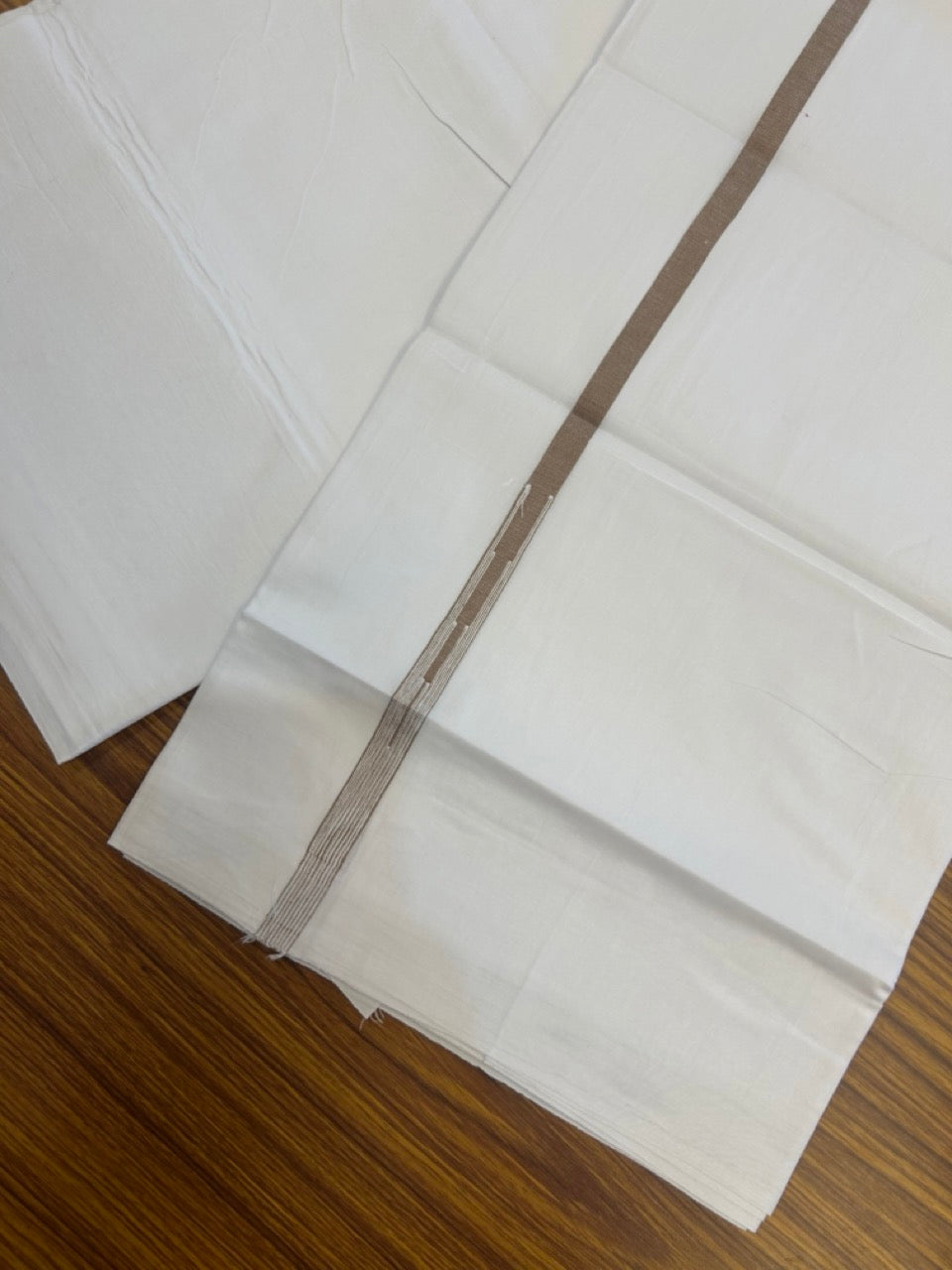 20% DISCOUNT!! NEW!! KaithariKada Balaramapuram 100% Cotton PURE WHITE Double Mundu/Dhoti - (100x80)s - 0.5 inch Brown Kara chutty - 10KK5270 VIN