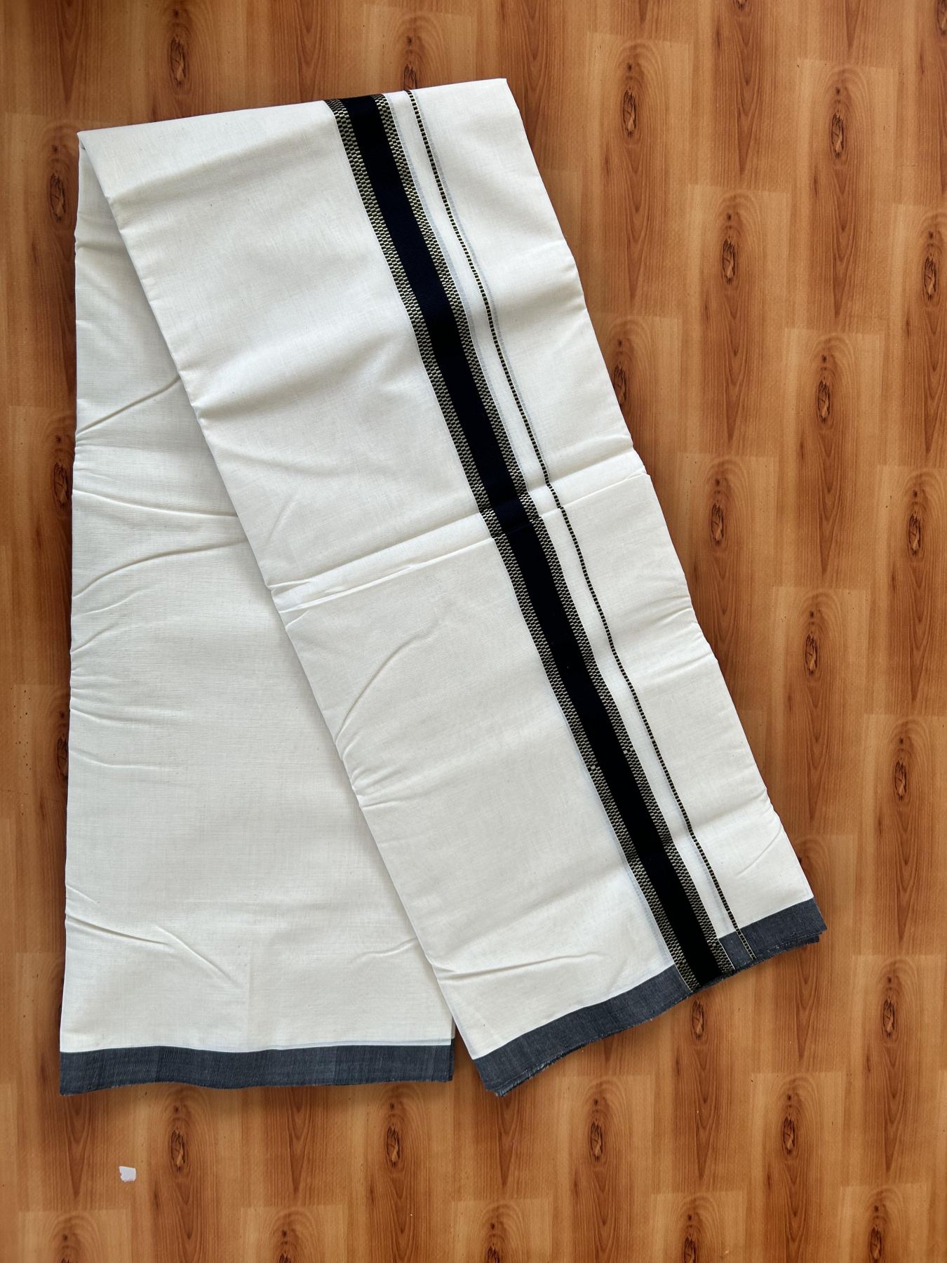 Double Off White (Unbleached) Mundu/Dhoti  25% Discount!! KaithariKada Handloom Millpaav - Kerala Handloom - 100% Pure Cotton - 80x90 - 1.25 Inch Gold Kasav & Black Kara - 4 mtr (8.5 Muzham) - 3 KK5459 RAM