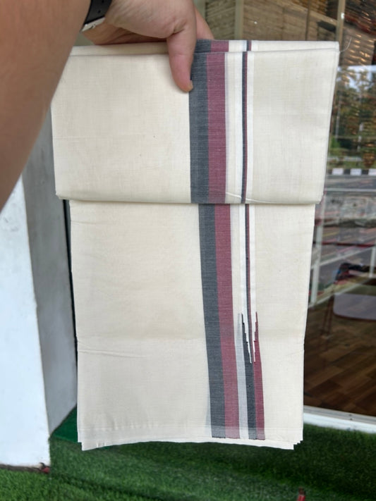 DMK Veshti - 19% DISCOUNT! KaithariKada 100% Cotton off white Double - (Unbleached) Mundu/Dhoti - 100X100 - 1.25 inch Puliyilakkara Black & Maroon Shaded Chutty kara 3.75m (8 muzham)- 8KK5187ASH