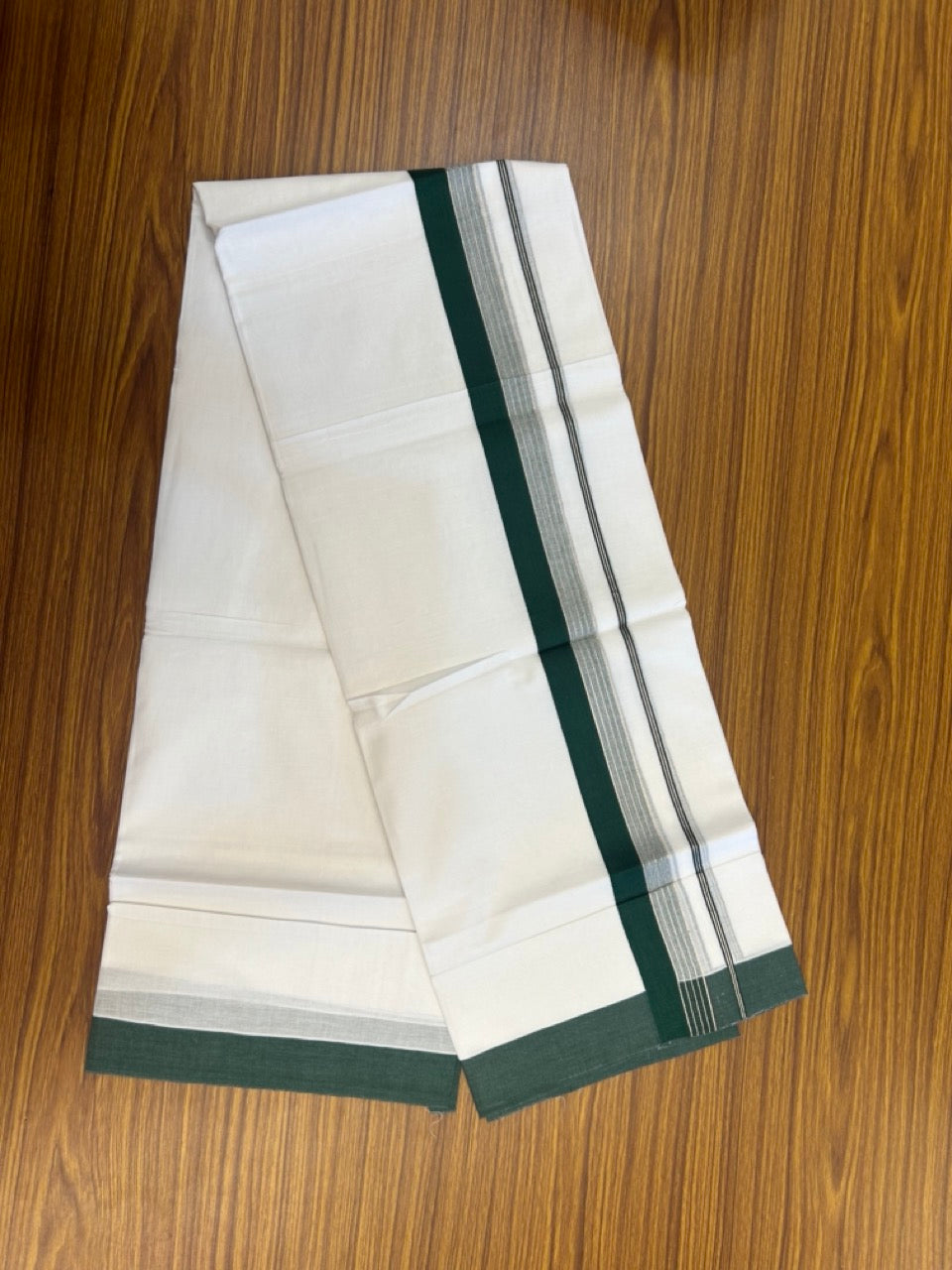 20% Discount ! KaithariKada Balaramapuram 100% Cotton Double Pure white Mundu/Dhoti- 100x80 - 1.75 inch Silver Kasavu & Dark Green Striped Kara - 3.90mtr ( 8 muzham) -  12 KK5270PMC