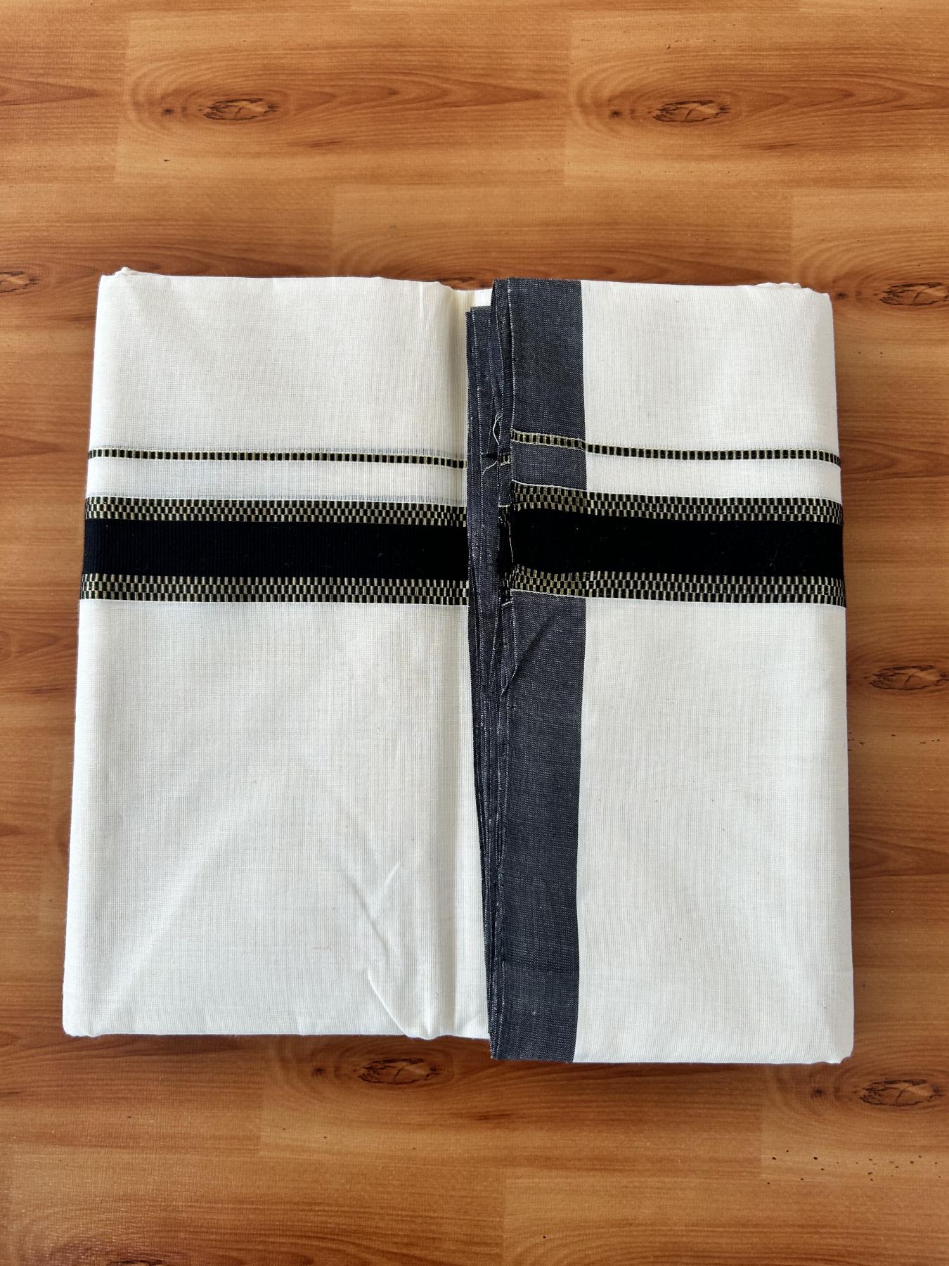 Double Off White (Unbleached) Mundu/Dhoti  25% Discount!! KaithariKada Handloom Millpaav - Kerala Handloom - 100% Pure Cotton - 80x90 - 1.25 Inch Gold Kasav & Black Kara - 4 mtr (8.5 Muzham) - 3 KK5459 RAM