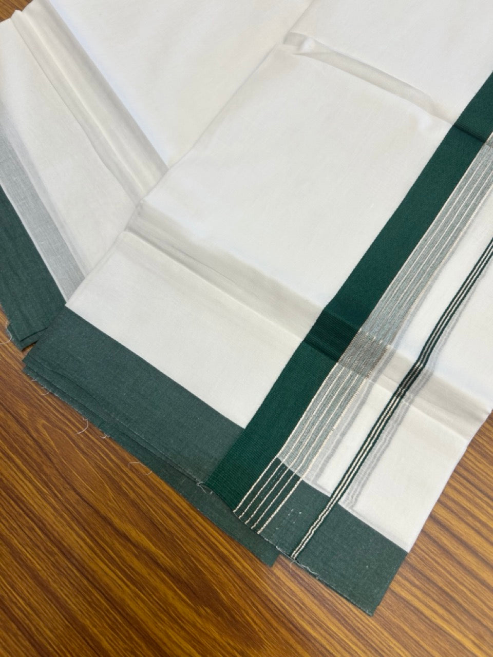 20% Discount ! KaithariKada Balaramapuram 100% Cotton Double Pure white Mundu/Dhoti- 100x80 - 1.75 inch Silver Kasavu & Dark Green Striped Kara - 3.90mtr ( 8 muzham) -  12 KK5270PMC