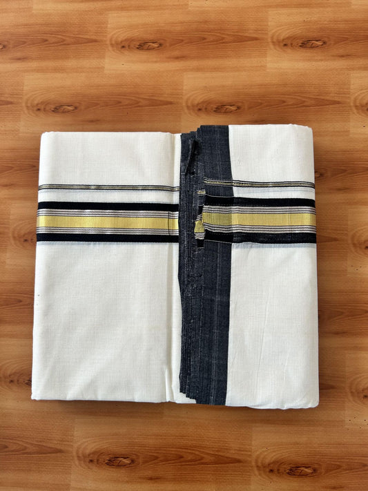 Double Off White (Unbleached) Mundu/Dhoti  25% Discount!! KaithariKada Handloom Millpaav - Kerala Handloom - 100% Pure Cotton - 80x90 - 1.25 Inch Gold Silver Kasav & Black Striped Kara - 4 mtr (8.5 Muzham) - 4 KK5459 RAM