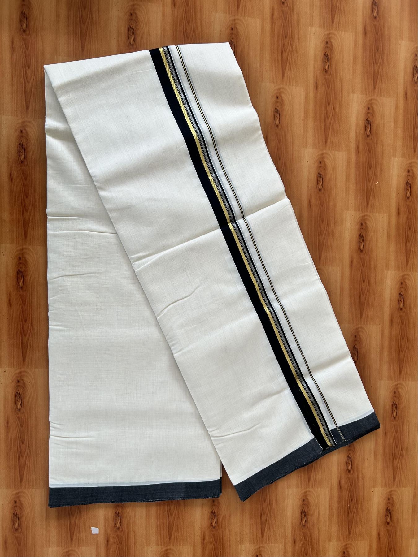 Double Off White (Unbleached) Mundu/Dhoti  25% Discount!! KaithariKada Handloom Unakkupaav - Kerala Handloom - 100% Pure Cotton - 80x90 - 1.25 Inch Gold Silver Kasav & Black Striped Kara - 4 mtr (8.5 Muzham) - 6 KK5459 ABH