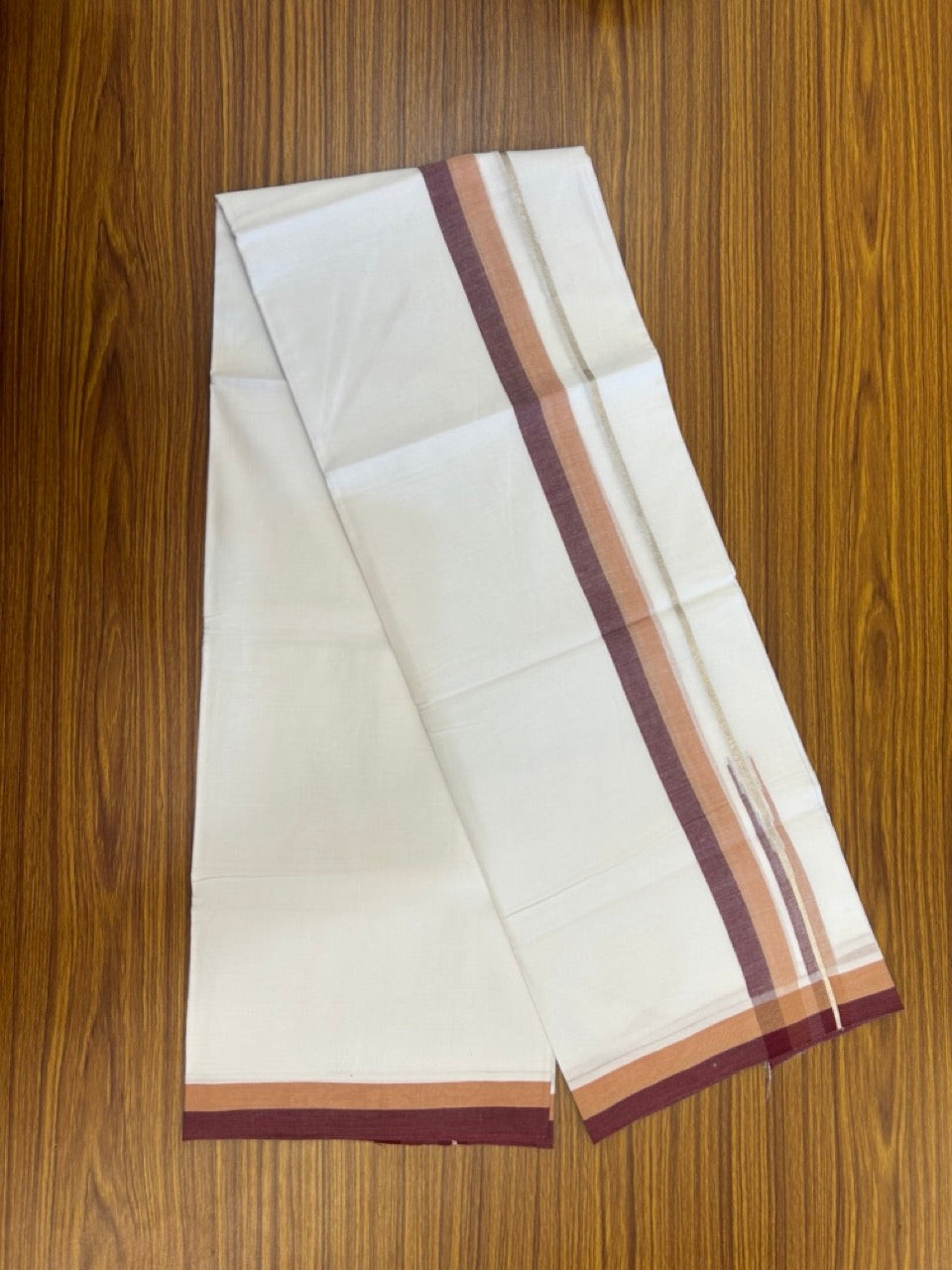 20% Discount ! NEW! KaithariKada Balaramapuram 100% Cotton Pure white Double Mundu/Dhoti - (100x80)s - 1.5 inch Sandal Brown & Light Maroon Chutty Silver Kasav Kara- 14 KK5270 CKS