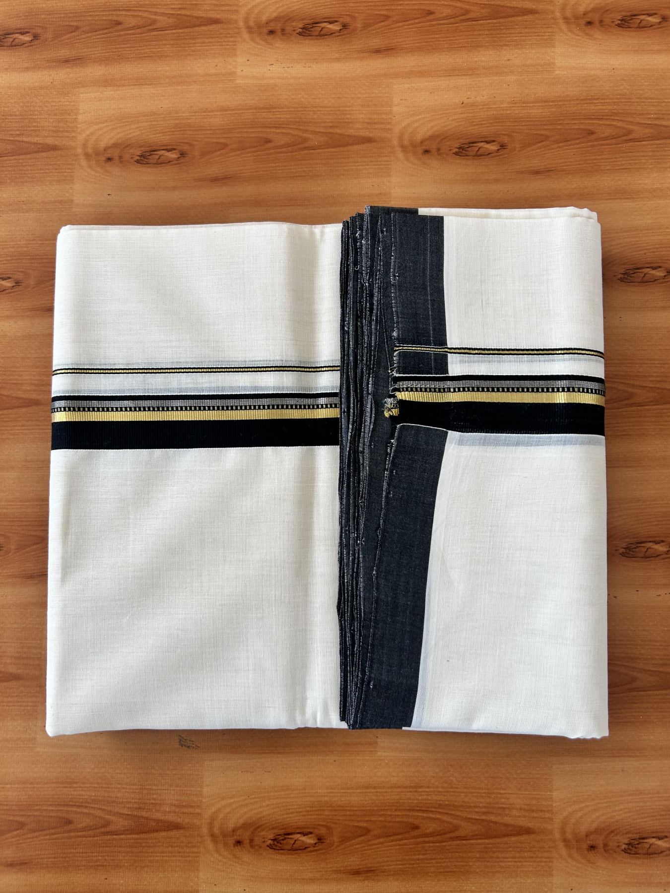 Double Off White (Unbleached) Mundu/Dhoti  25% Discount!! KaithariKada Handloom Unakkupaav - Kerala Handloom - 100% Pure Cotton - 80x90 - 1.25 Inch Gold Silver Kasav & Black Striped Kara - 4 mtr (8.5 Muzham) - 6 KK5459 ABH