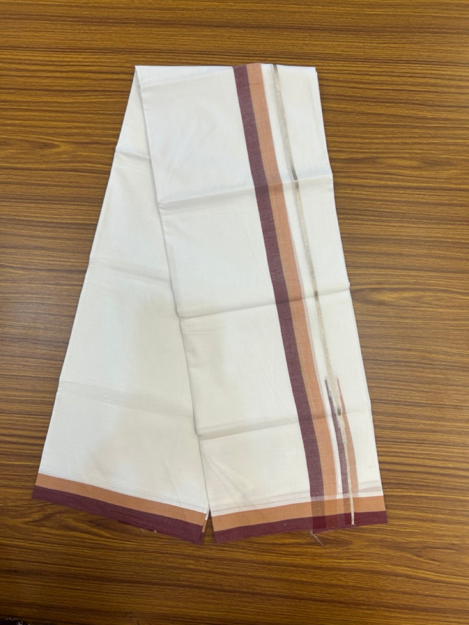 20% Discount ! NEW! KaithariKada Balaramapuram 100% Cotton Pure white Double Mundu/Dhoti - (100x80)s - 1.5 inch Sandal Brown & Light Maroon Chutty Silver Kasav Kara- 14 KK5270 CKS