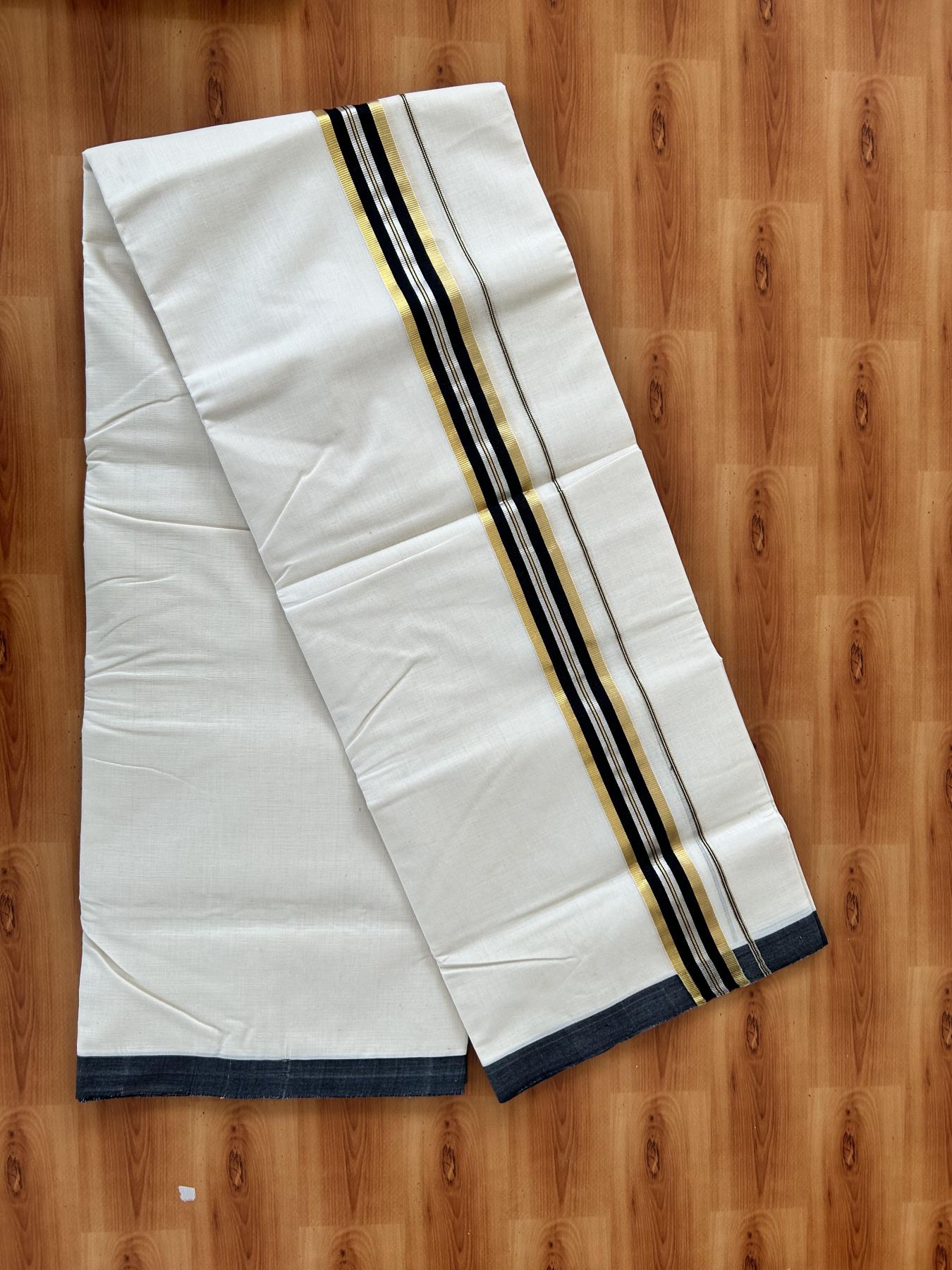 Double Off White (Unbleached) Mundu/Dhoti  25% Discount!! KaithariKada Handloom Millpaav - Kerala Handloom - 100% Pure Cotton - 80x90 - 1.25 Inch Gold Silver Kasav & Black Striped Kara - 4 mtr (8.5 Muzham) - 5 KK5459 RAM