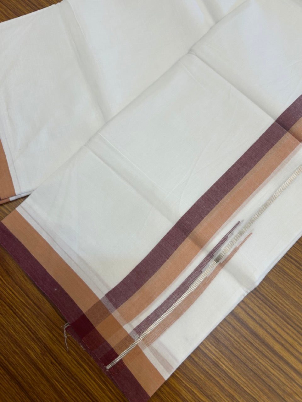 20% Discount ! NEW! KaithariKada Balaramapuram 100% Cotton Pure white Double Mundu/Dhoti - (100x80)s - 1.5 inch Sandal Brown & Light Maroon Chutty Silver Kasav Kara- 14 KK5270 CKS